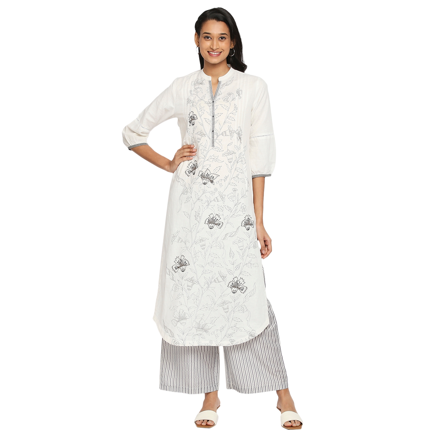 Ethnicity | Nylangan Women's White Cotton Linen Embroidered Kurta | S