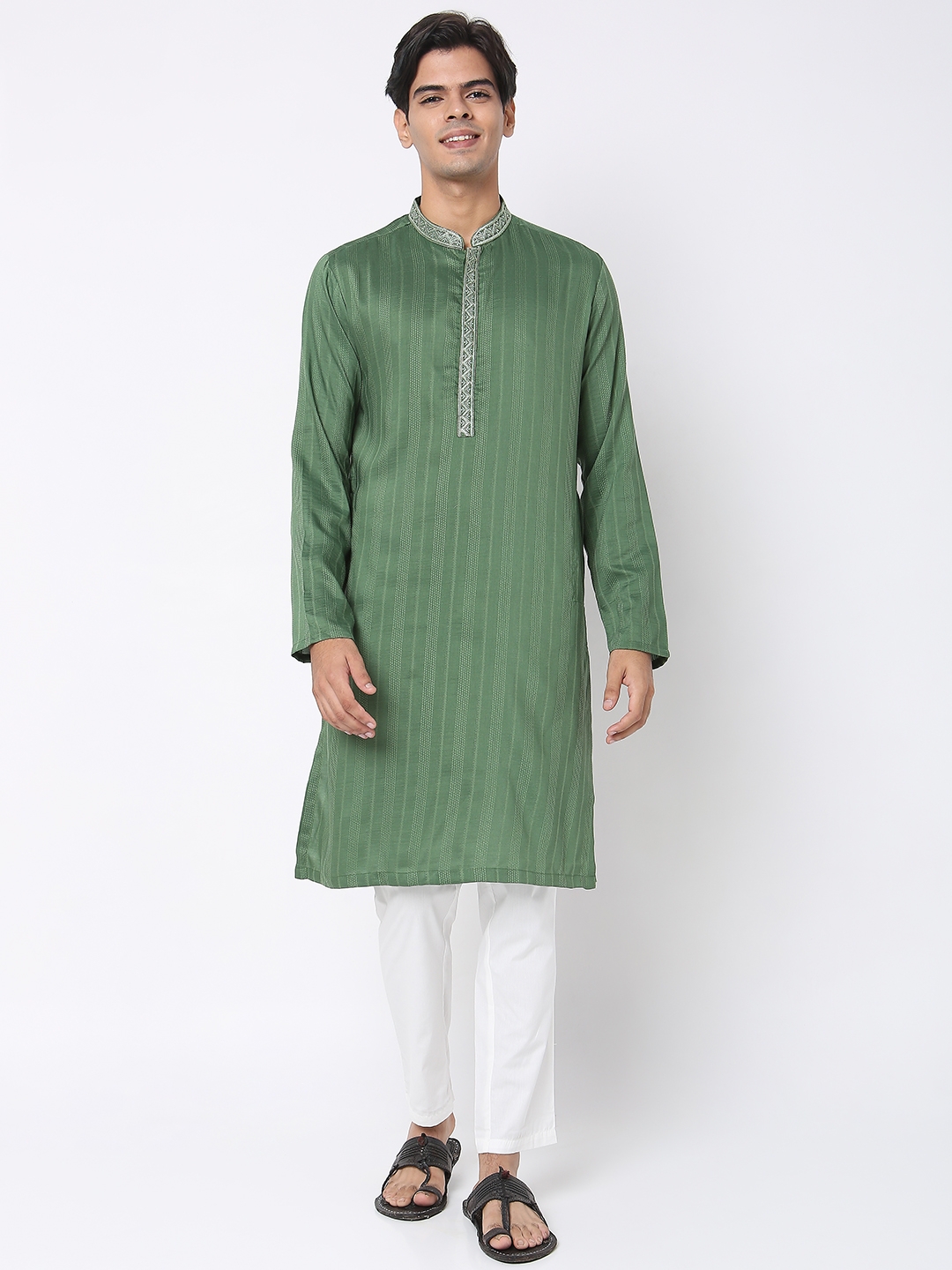 Ethnicity Men's Green Polyester Embroidered Kurta | S