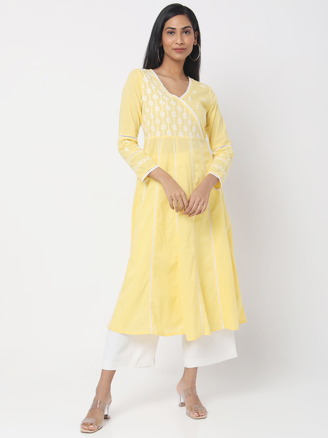 Ethnicity Women's Yellow Cambric Embroidered Kurta | XS