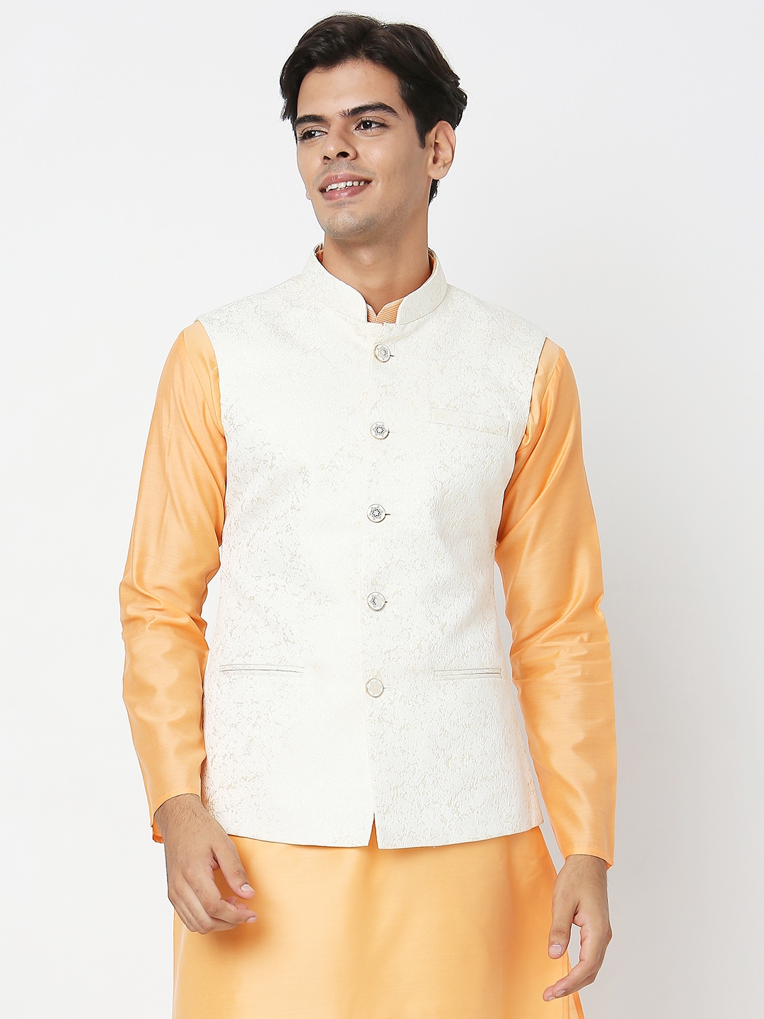 Ethnicity Men's Cream Polyester Solid Jackets | M