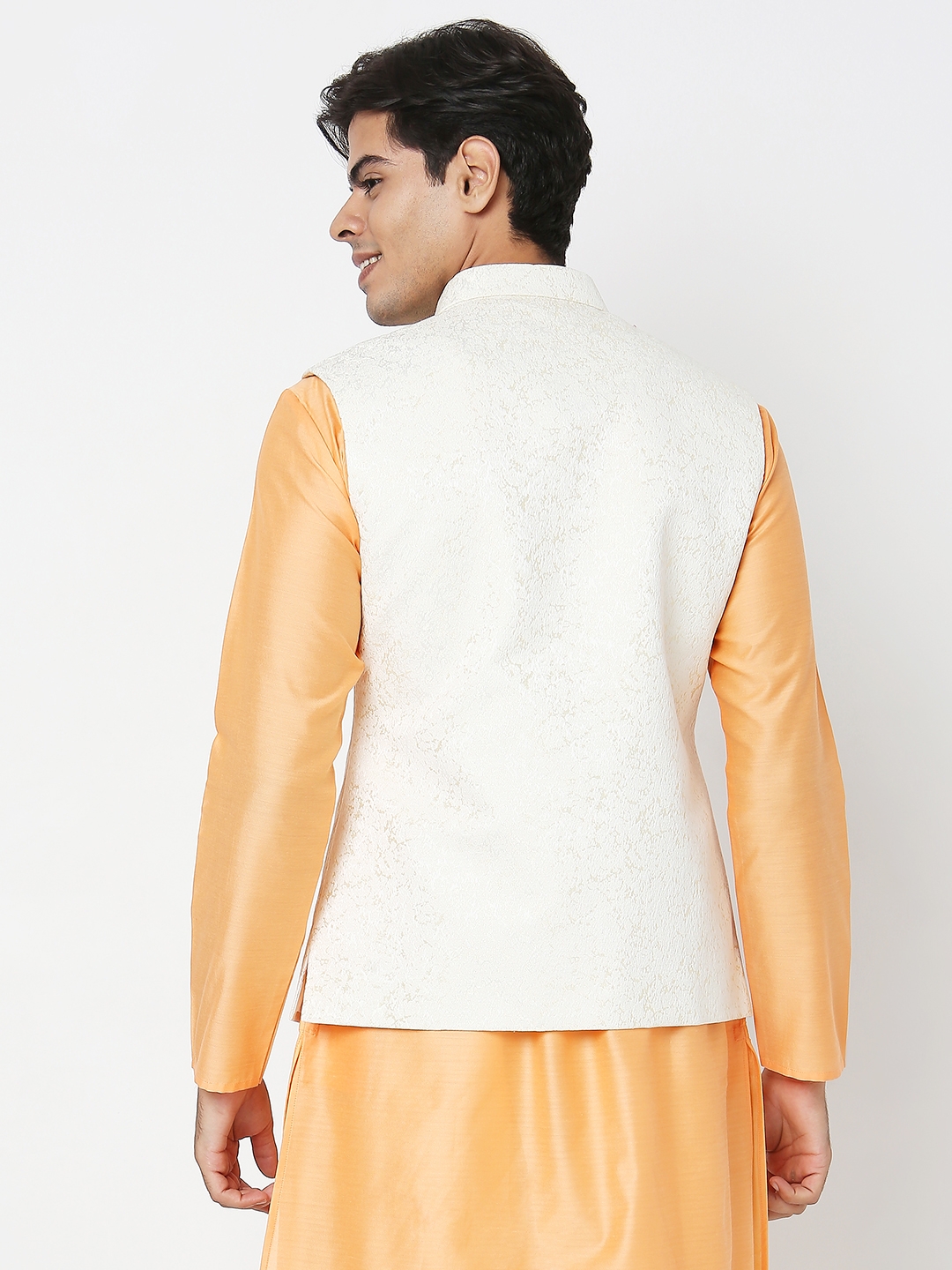 Ethnicity Men's Cream Polyester Solid Jackets | M