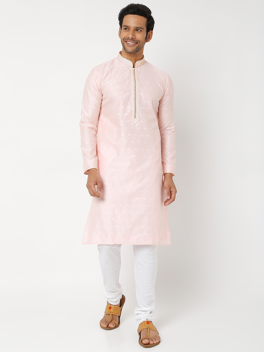 Ethnicity Men's Pink Polyester Cotton Printed Kurta Churidar Sets | S