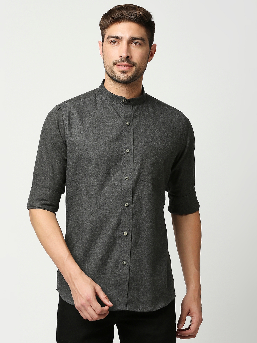 EVOQ | EVOQ's Charcoal Grey Flannel Full Sleeves Cotton Casual Shirt with Mandarin Collar for Men