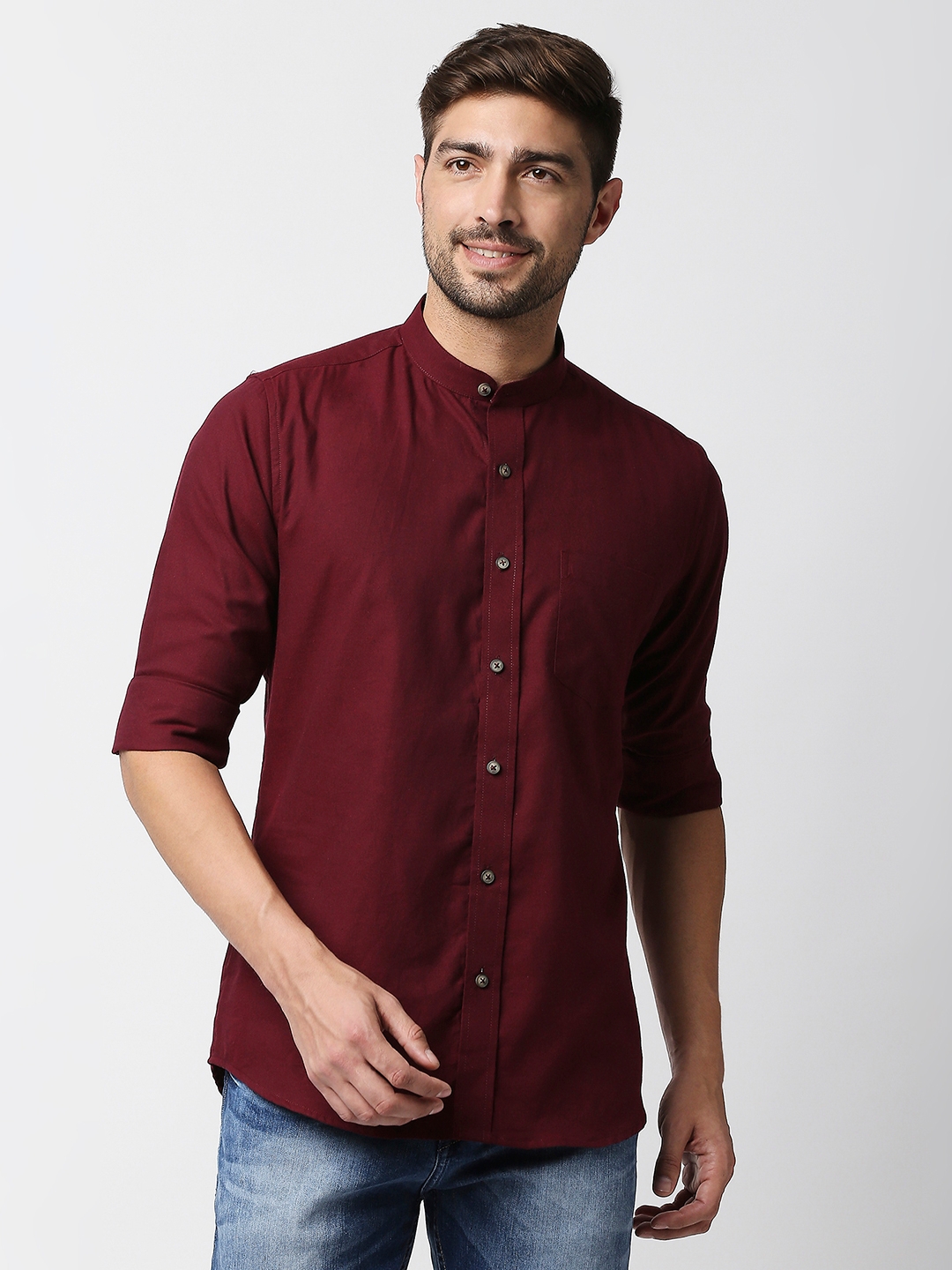 EVOQ | EVOQ's Maroon Flannel Full Sleeves Cotton Casual Shirt with Mandarin Collar for Men
