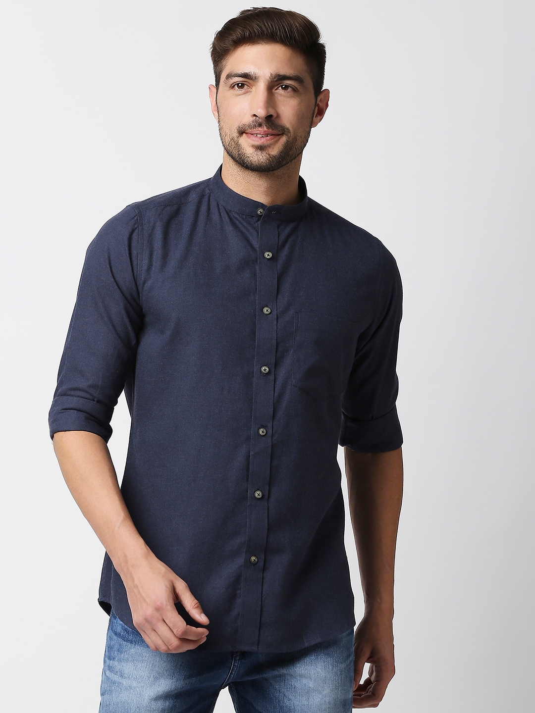 EVOQ | EVOQ's Navy Blue Flannel Full Sleeves Cotton Casual Shirt with Mandarin Collar for Men