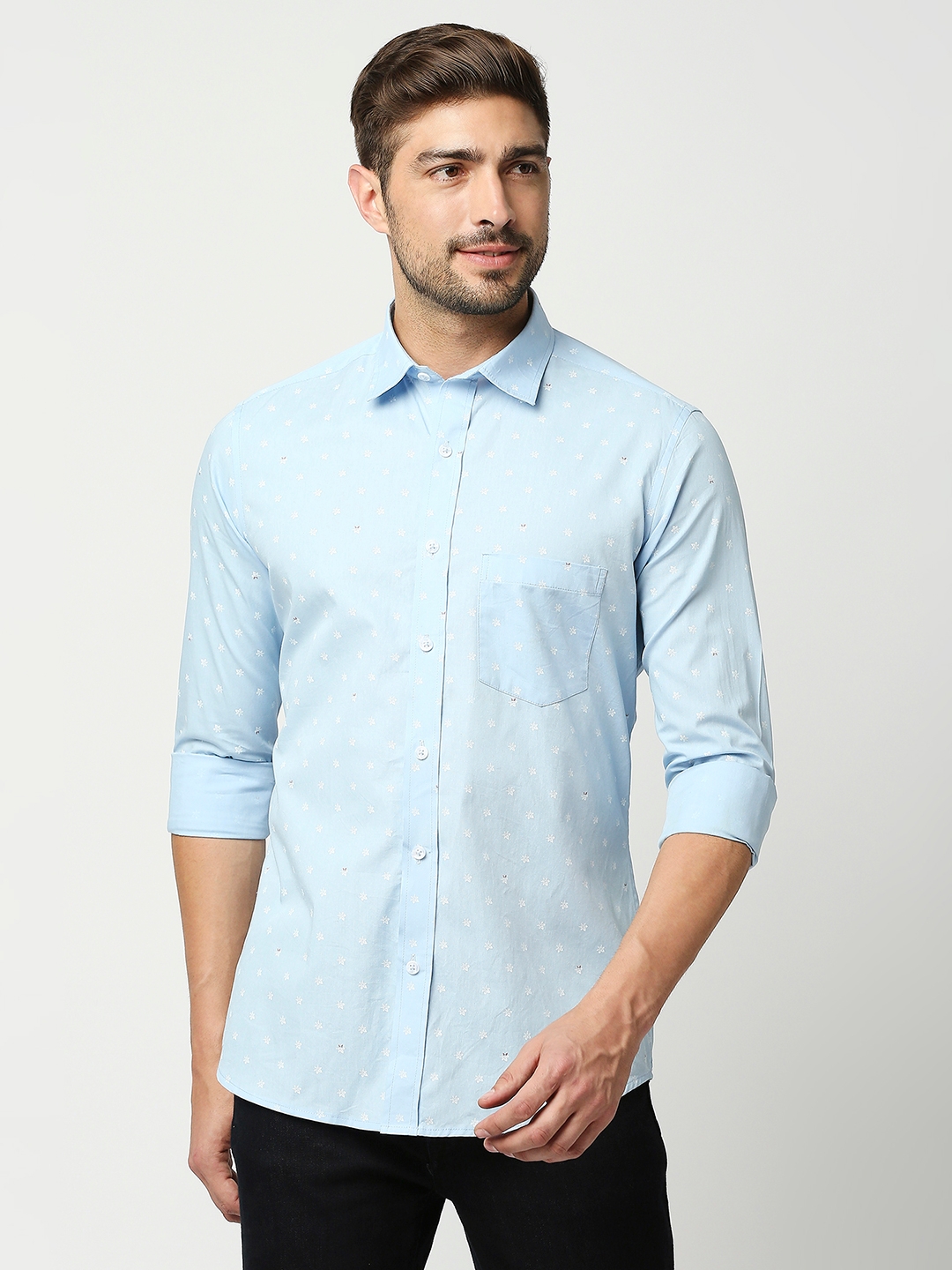 EVOQ | EVOQ's Sky Blue Micro Floral Printed Full Sleeves Cotton Casual Shirt for Men