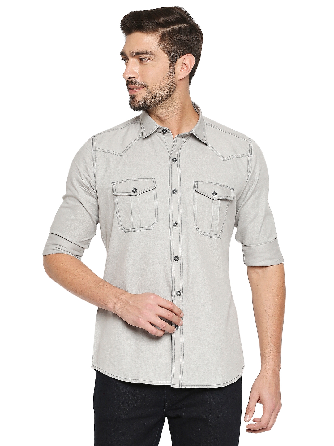 EVOQ | EVOQ Full Sleeves Solid Cotton Grey Casual Shirt