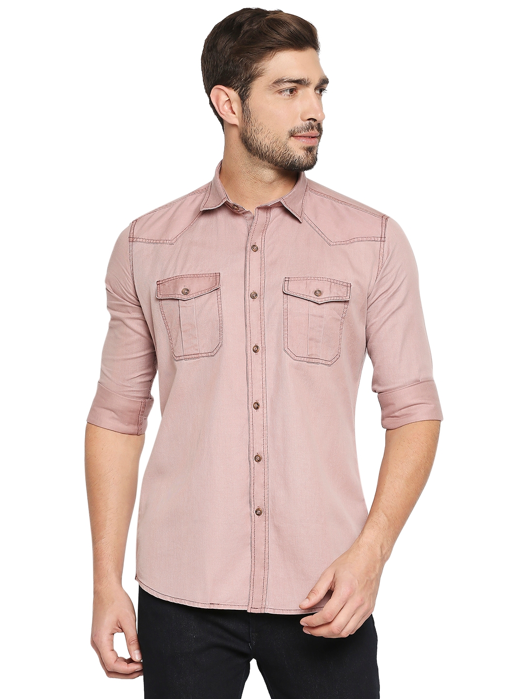 EVOQ | EVOQ Full Sleeves Solid Cotton Pink Casual Shirt