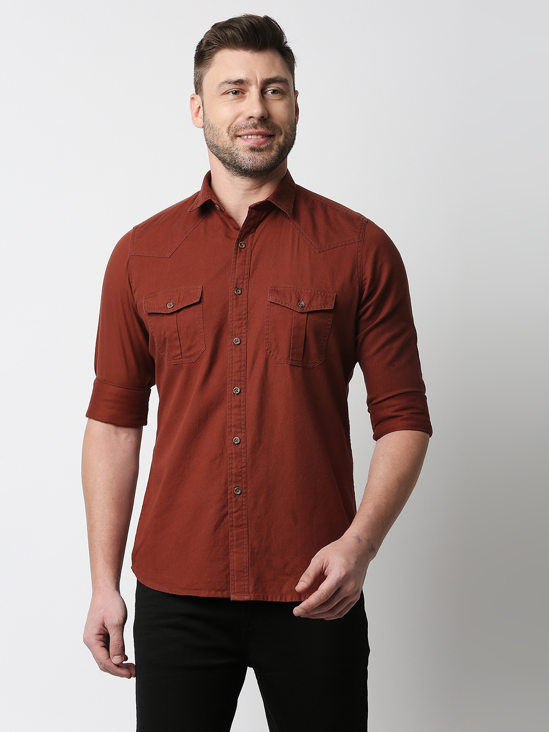 EVOQ | EVOQ's Rust Full Sleeves Cotton Casual Shirt with Double Flap Pocket for Men