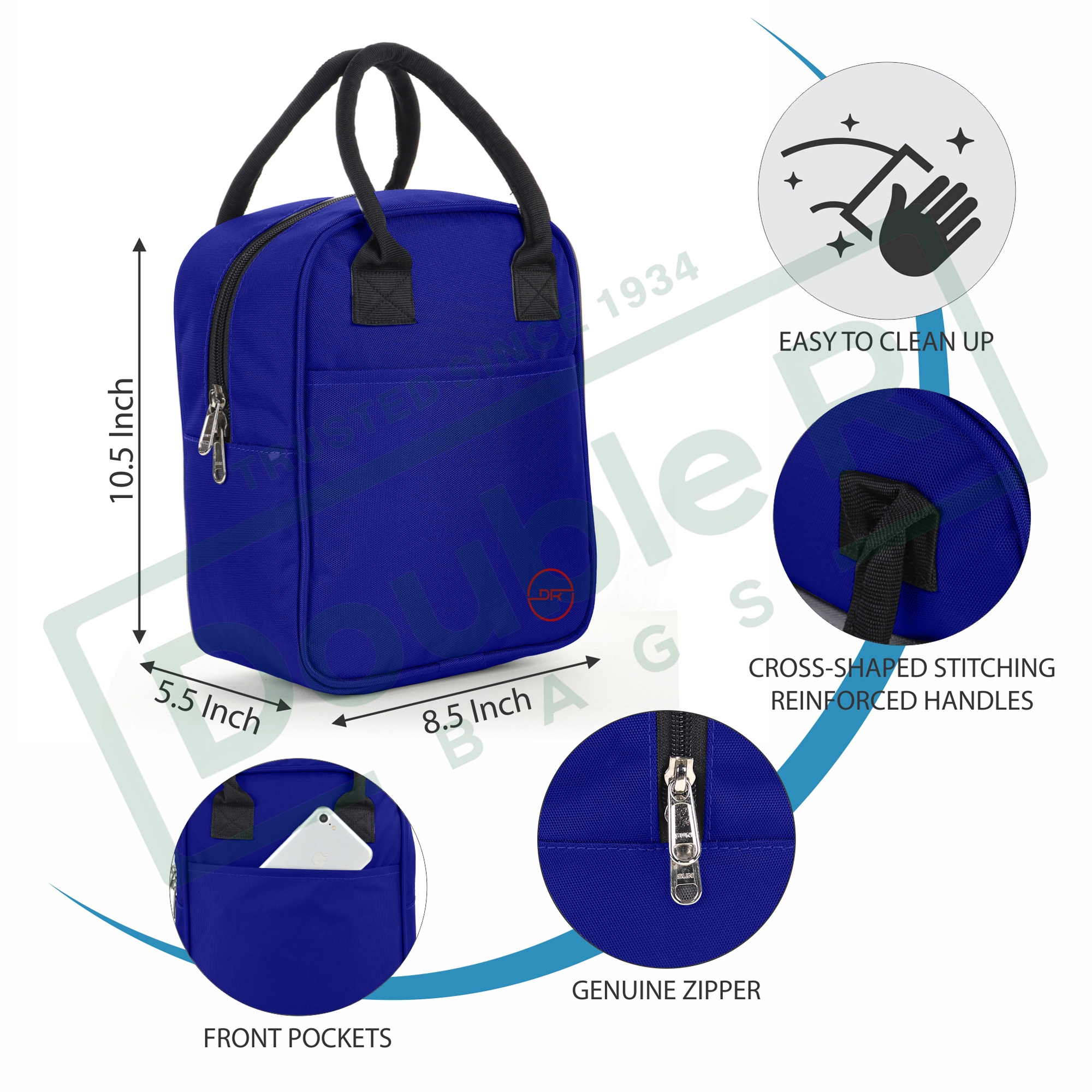 Double R Bags Insulated Lunch Bag for Office Men, Women and Kids, Tiffin Bags for School, Picnic, Work, Carry Bag for Lunch Box (Royal Blue)