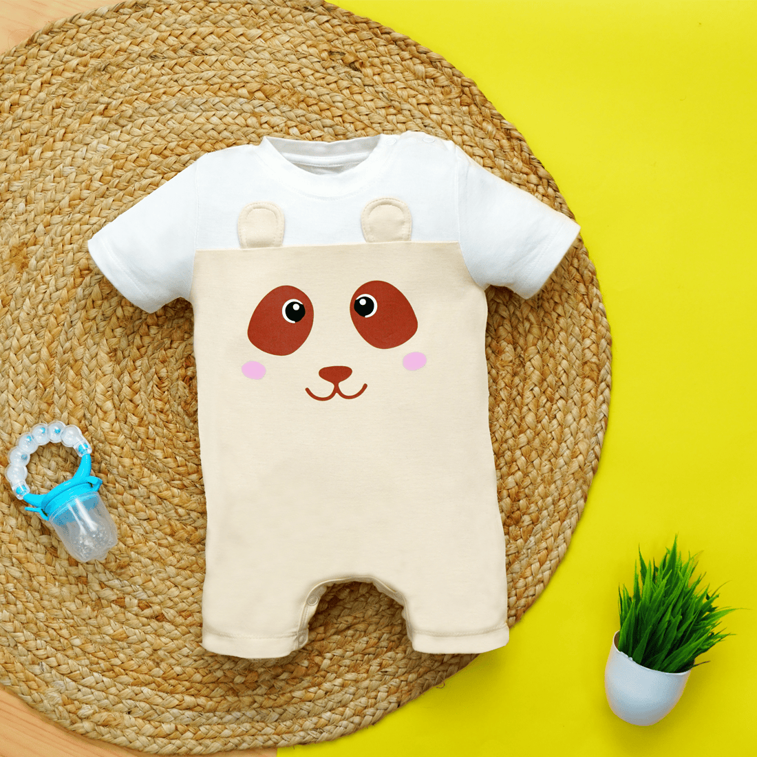 Kidbea Bamboo Soft Fabric romper For Baby Boy-Peach & White Bear Face
