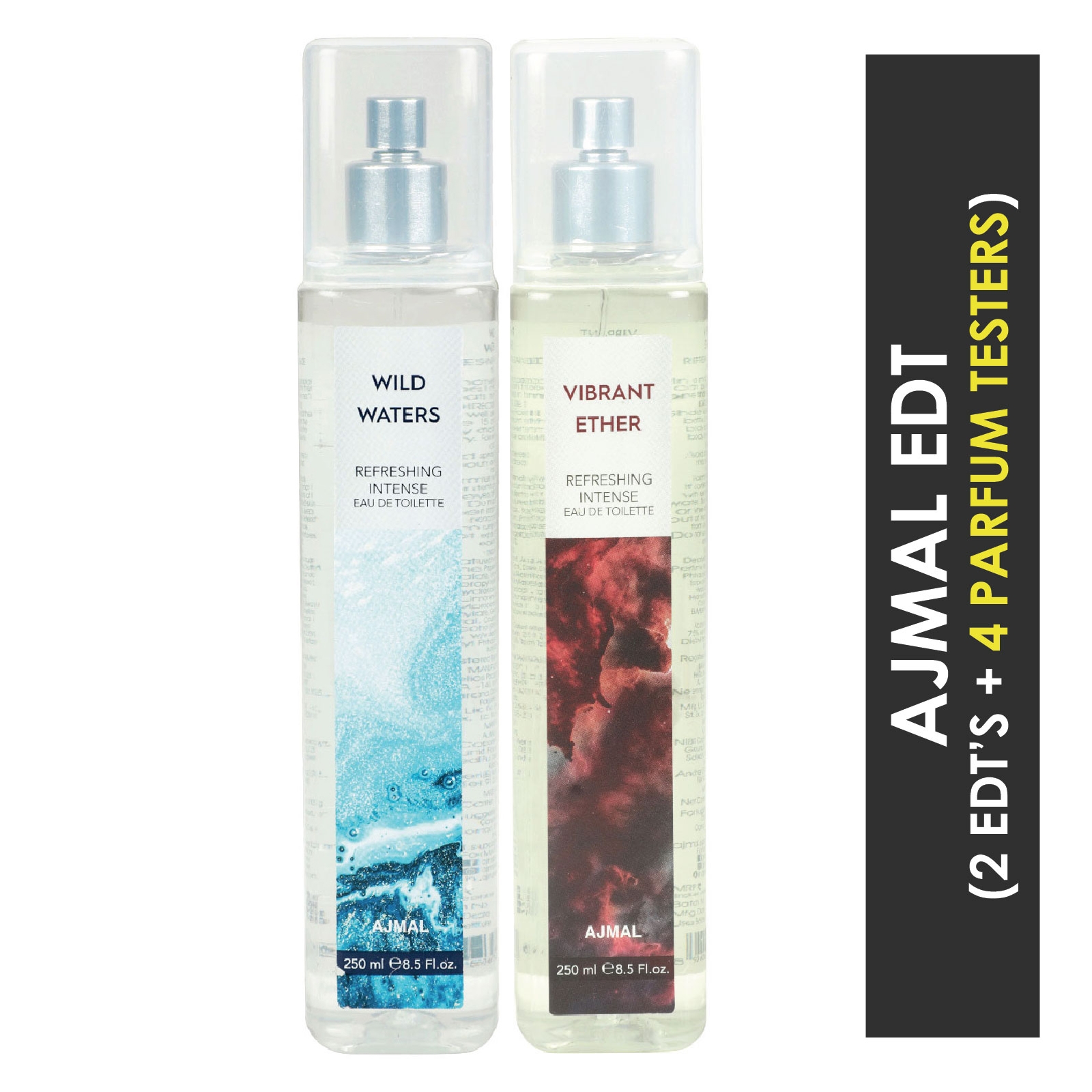 Ajmal | Ajmal Wild Waters EDT & Vibrant Ether EDT  pack of 2 each 250ml (Total 500ML) for Unisex + 4 Parfum Testers