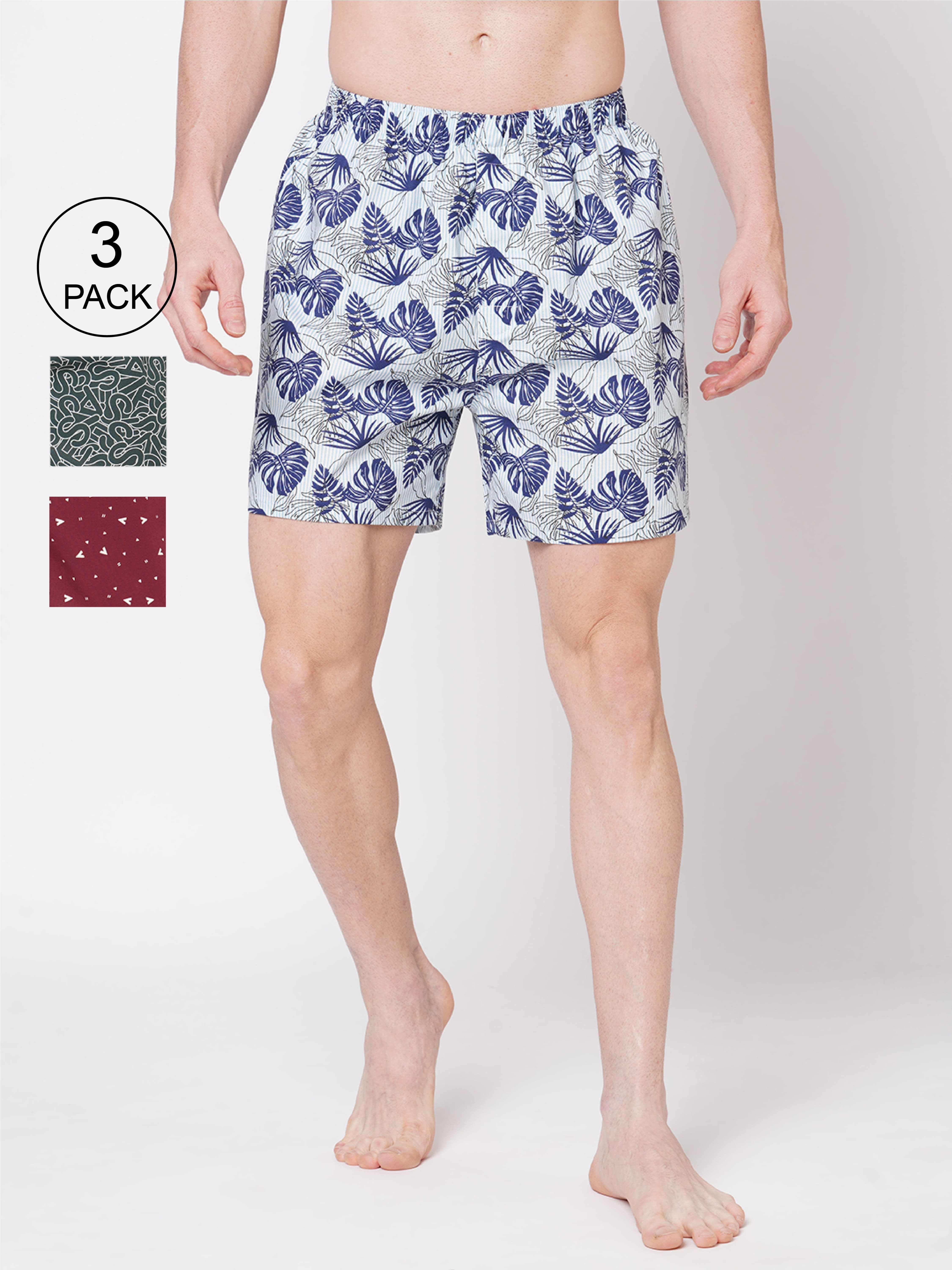 Fitz 100% Pure Cotton Printed Regular Fit Boxer Shorts For Mens - Pack of 3