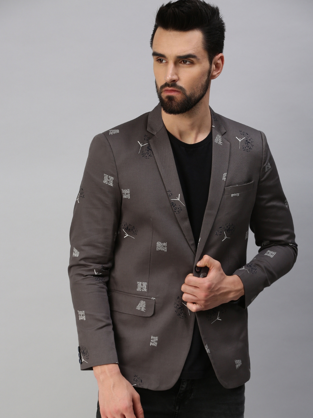SHOWOFF Men's Notched Lapel Single-Breasted Grey Printed Blazer