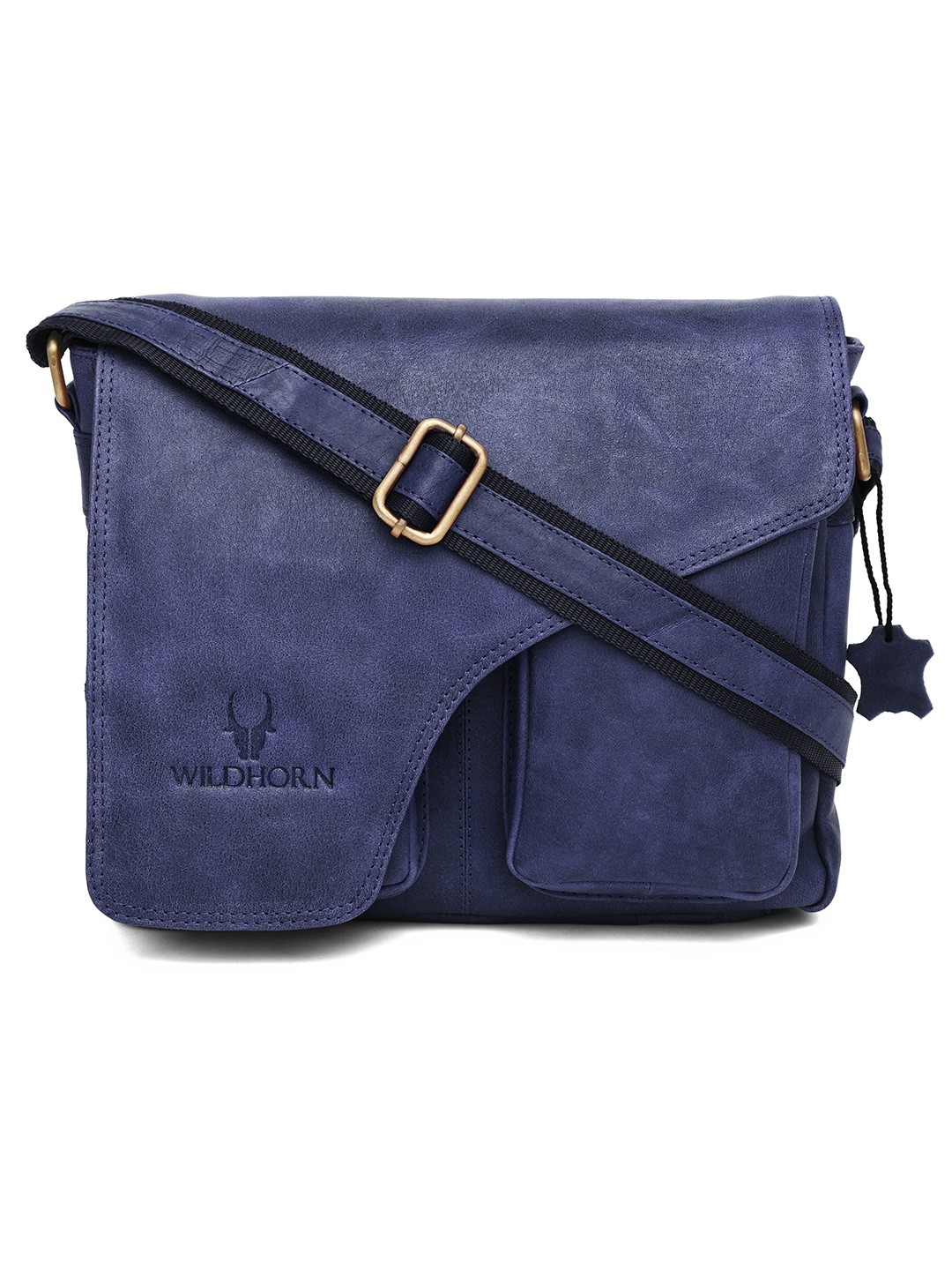 WildHorn | WildHorn Blue Classic Leather Adjustable Strap Messenger Bag for Men 