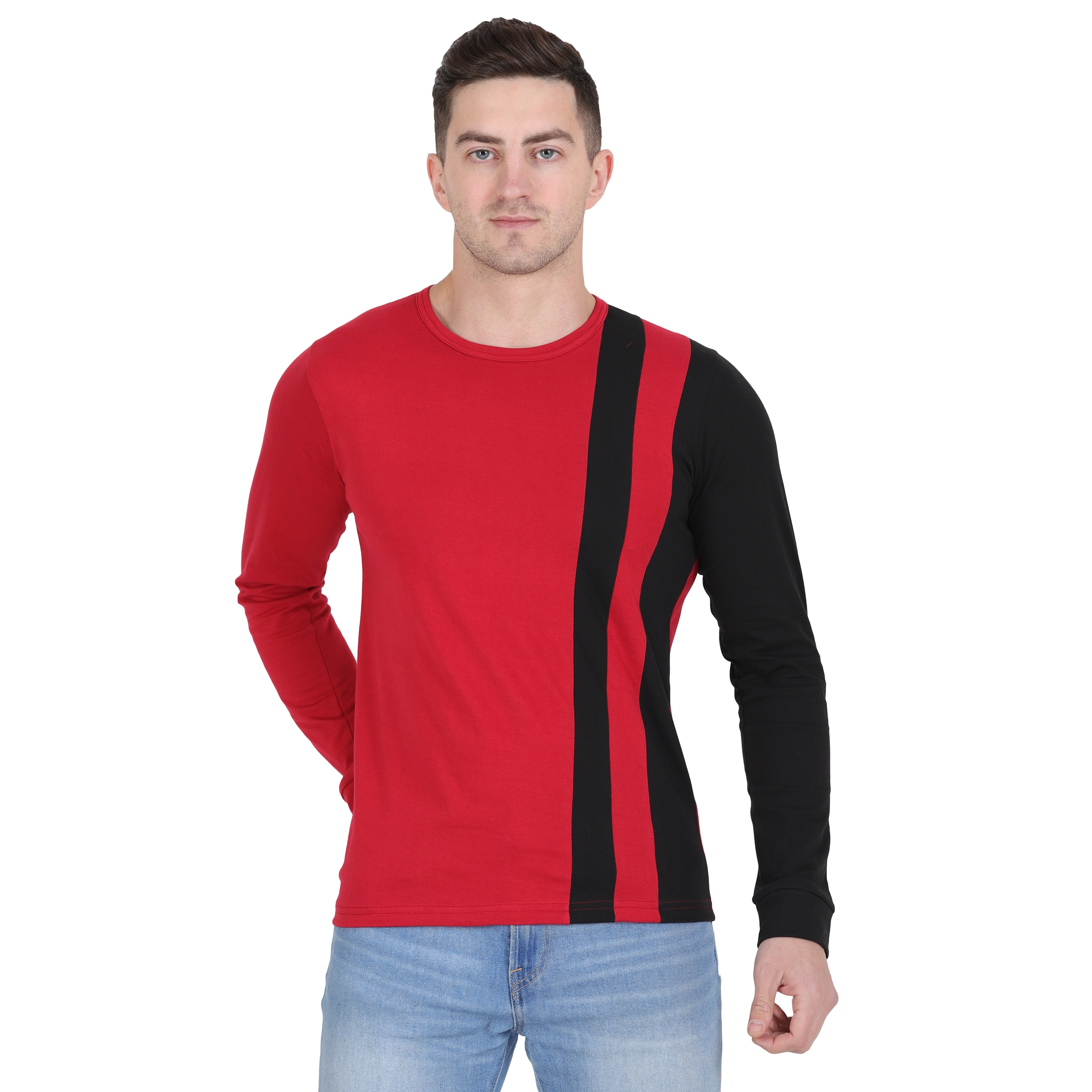 Styvibe |  Men Black Maroon Vertical Color Block Round Neck Cotton Full Sleeve T-Shirt