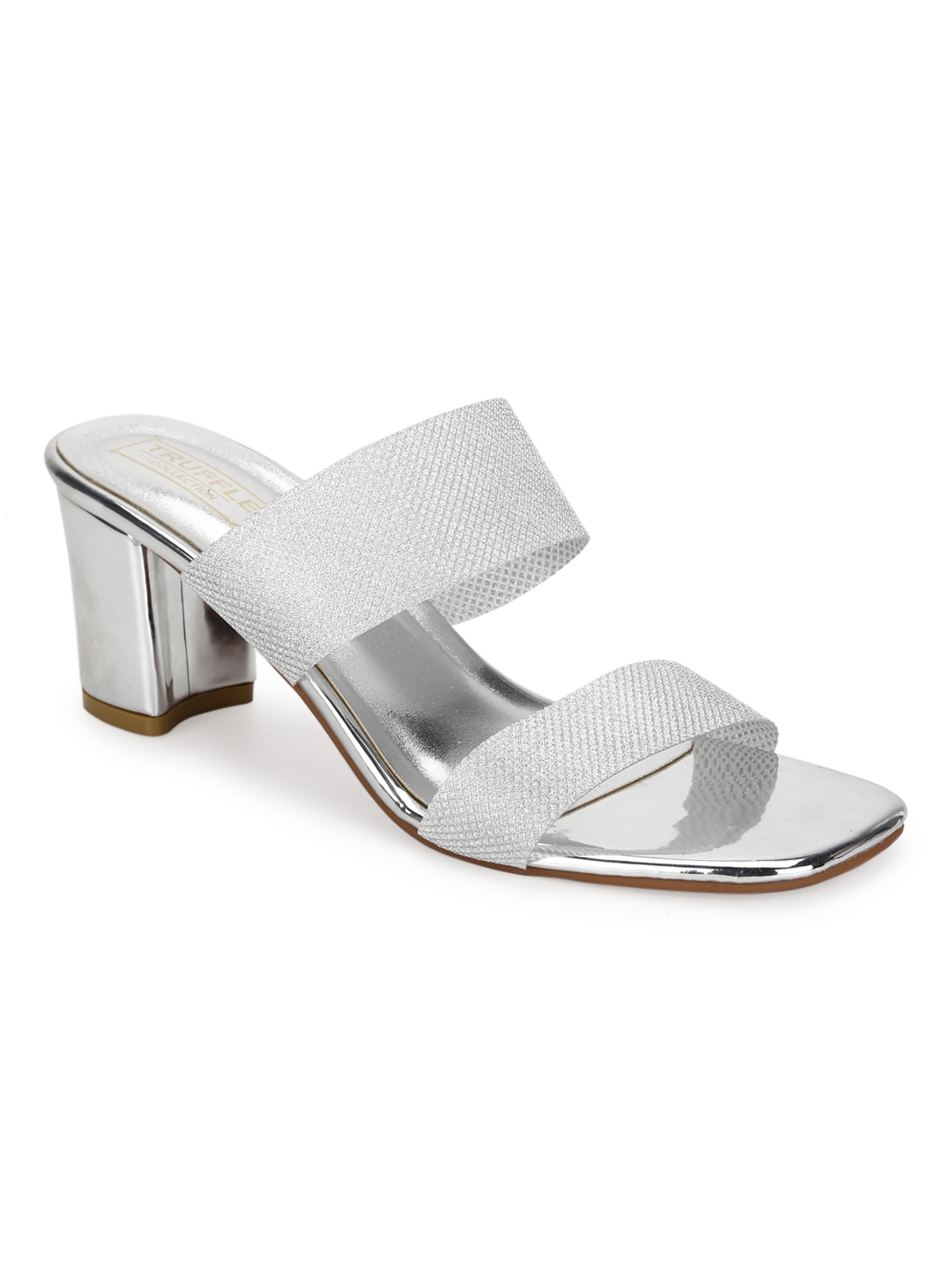 Truffle Collection | Silver PU Block Heels Mules
