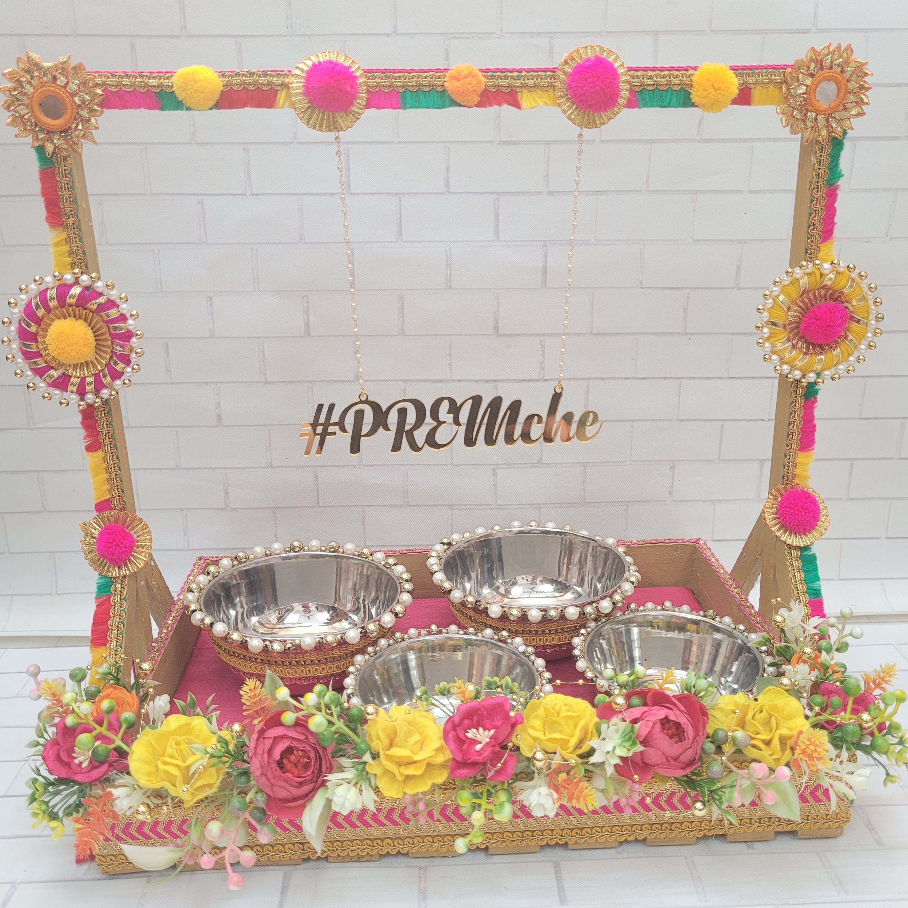Colorful  Haldi Platter with Artificial Flower Decor and Name Customisation