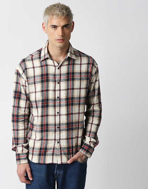 Hemsters | Hemsters Cream Relaxed Fit Checkered Shirt