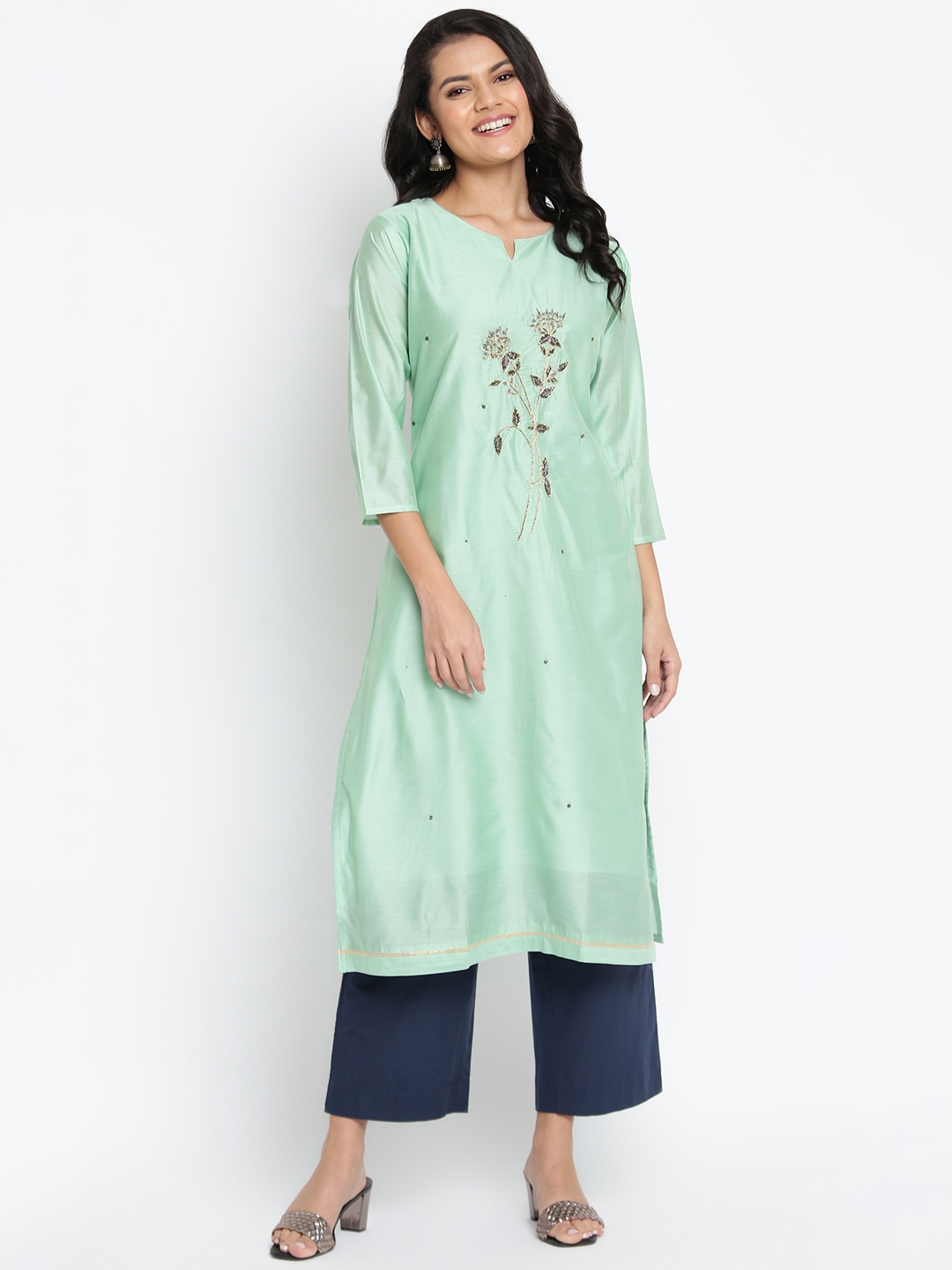 Gautami | Gautami Women's Green Chanderi Silk Embroidered Semi-Stitched Kurti