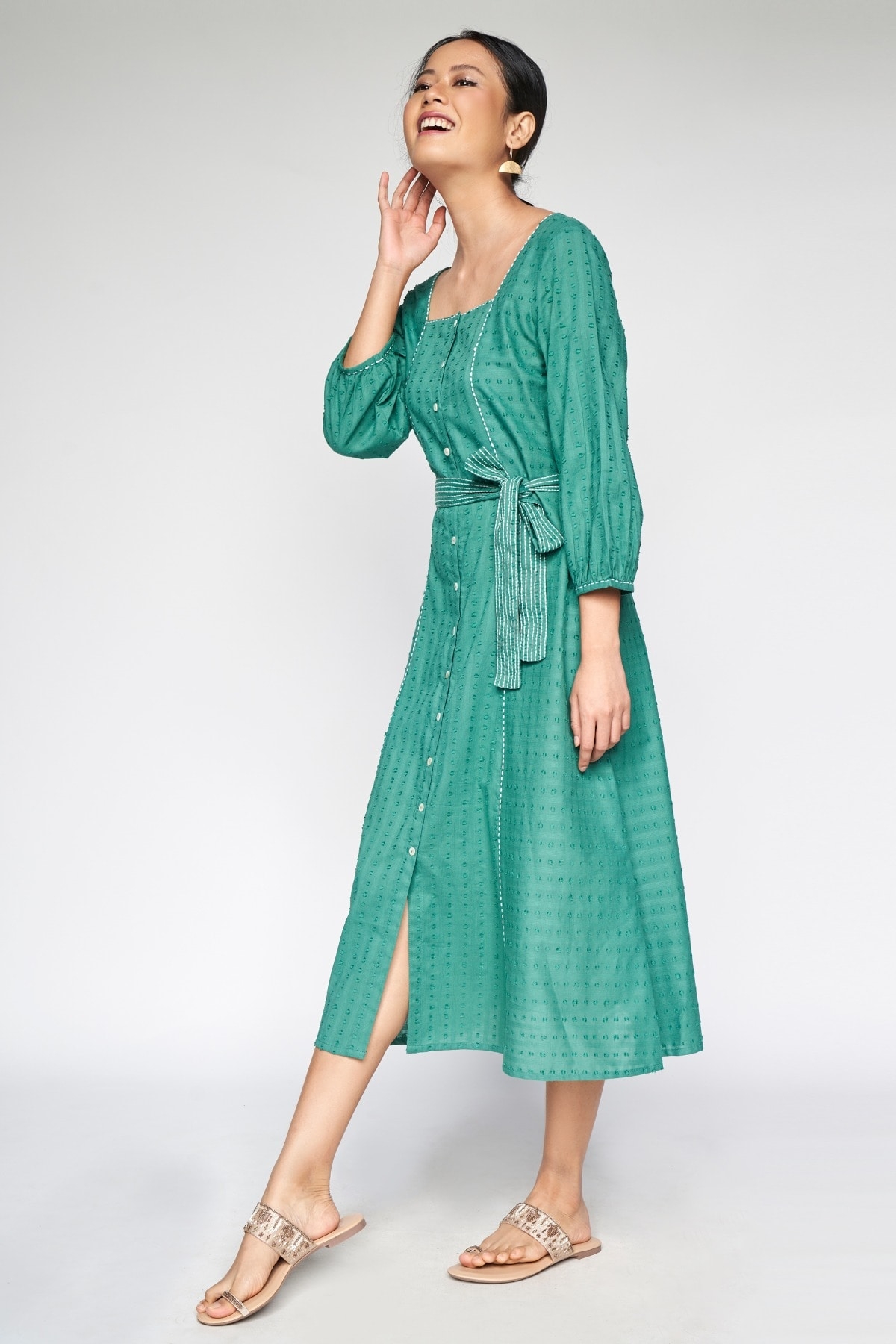 Global Desi | Sage Green Tie-Ups  Fit and Flare Dress