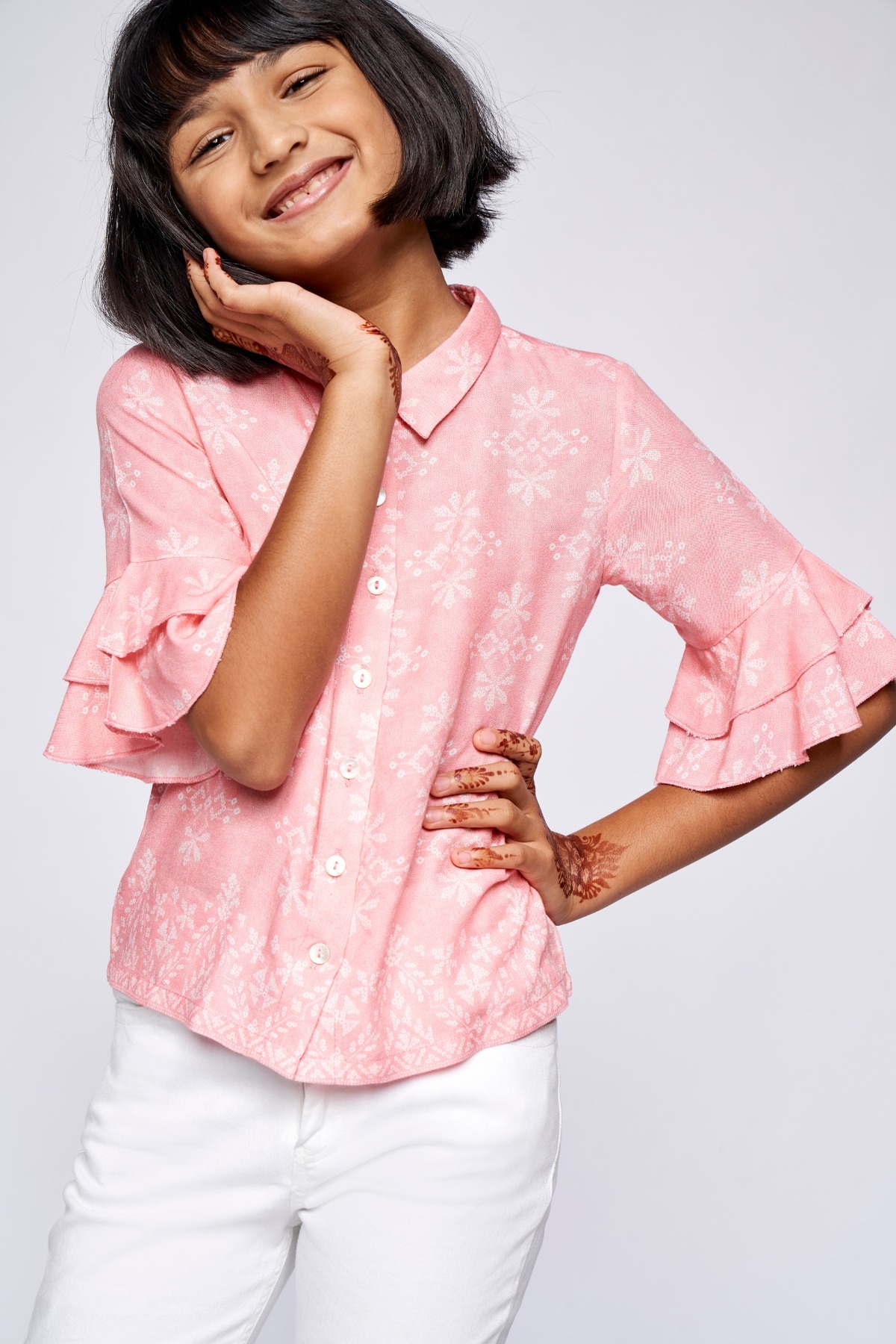 Global Desi | Pink Ruffles Shirt Style Top