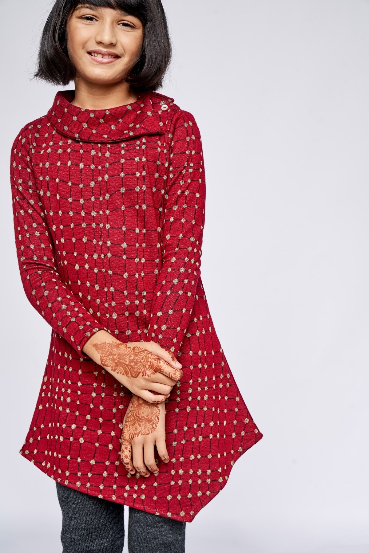 Global Desi | Red Jacquard Asymmetric Dress