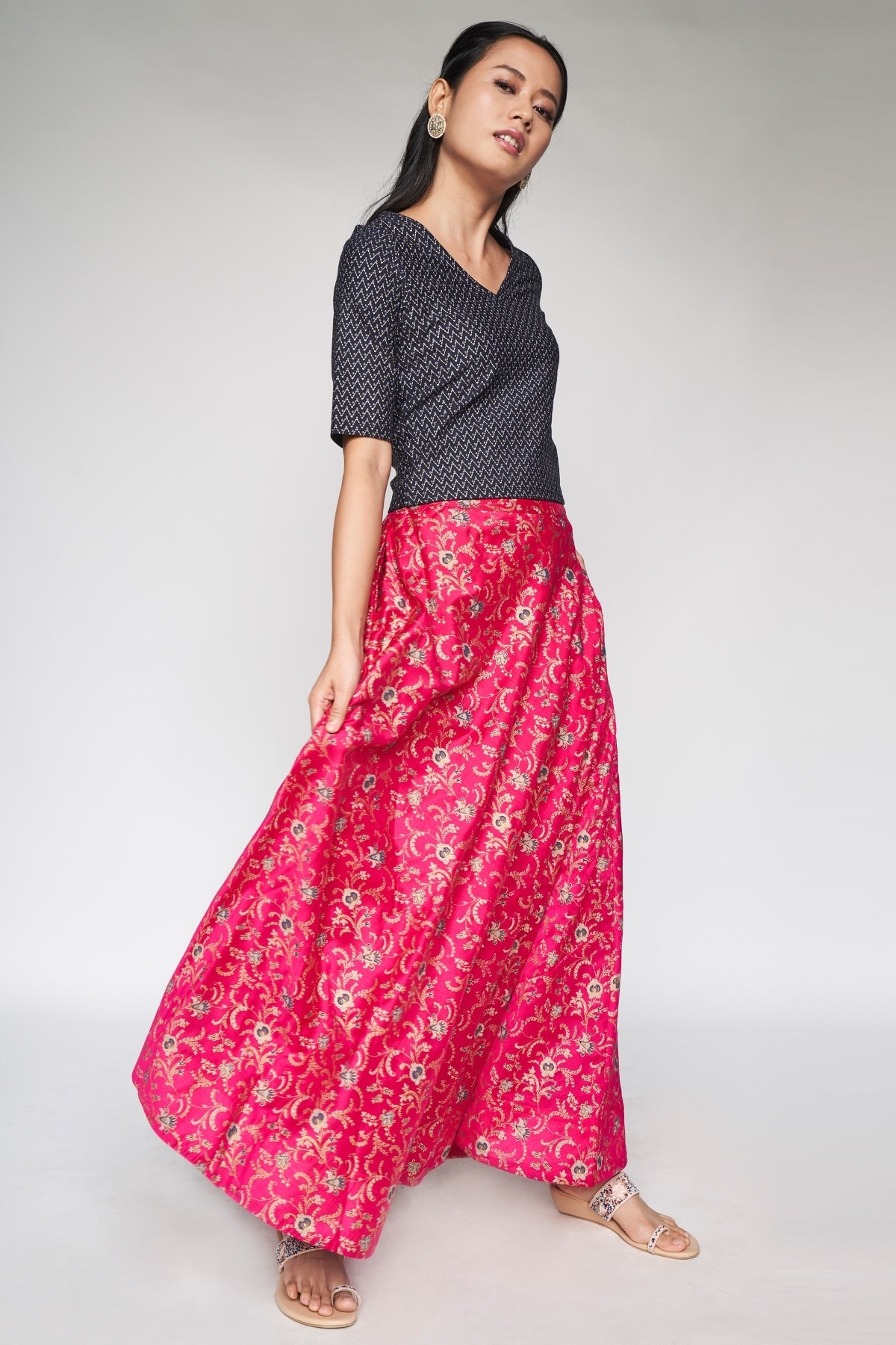 Global Desi | Hot Pink Ethnic Motifs Flared Skirt