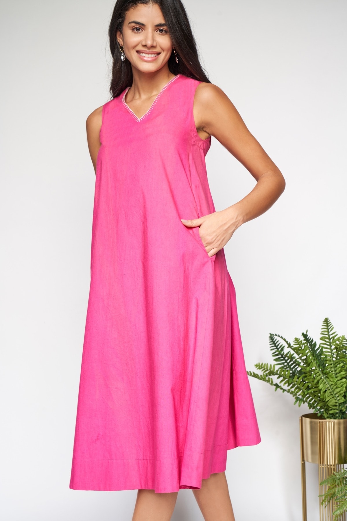 GLOBAL DESI | Hot Pink Midi A-Line Dress