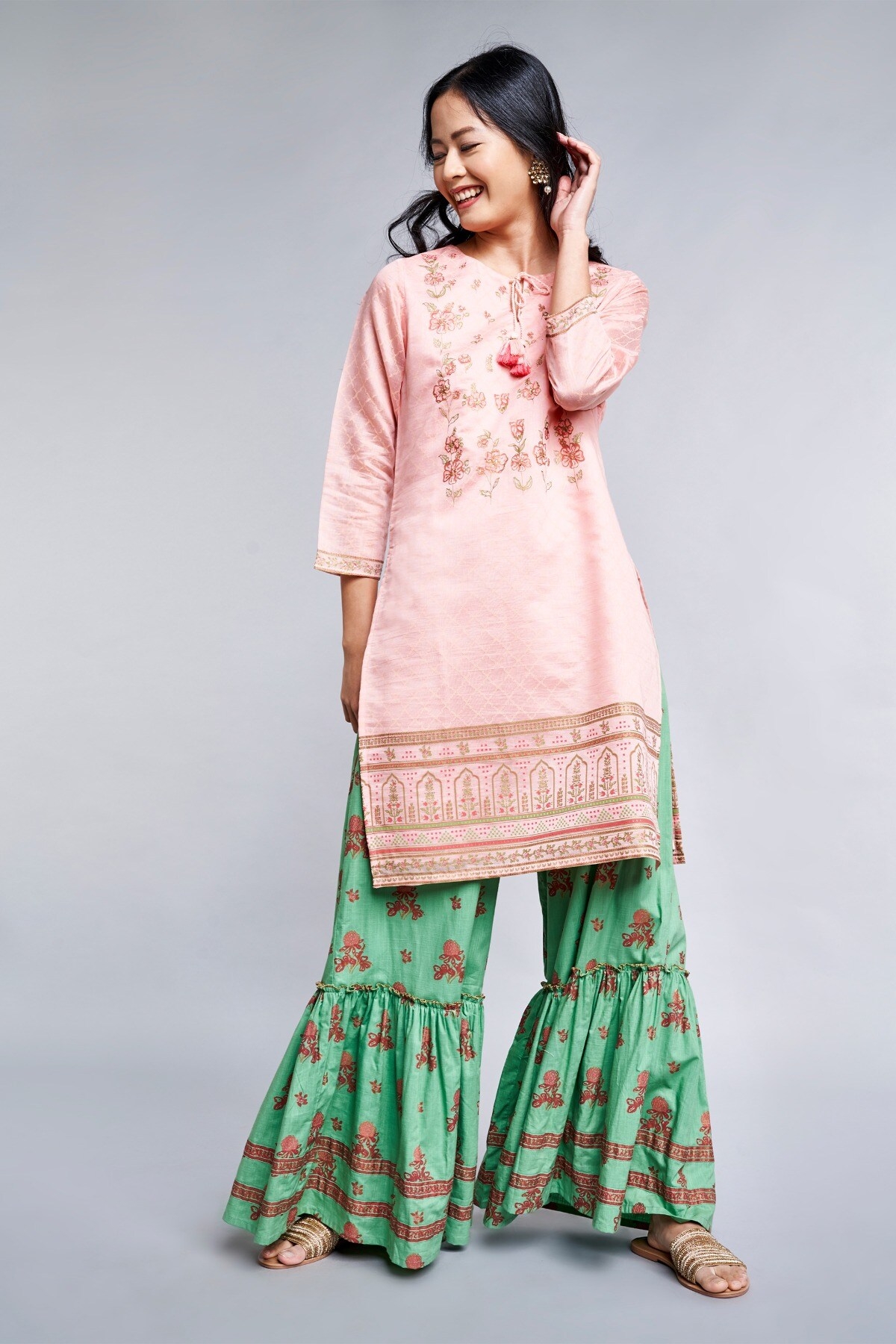 Global Desi | Sustainable Pink Embroidered Tie-Up Neck A-Line Kurta