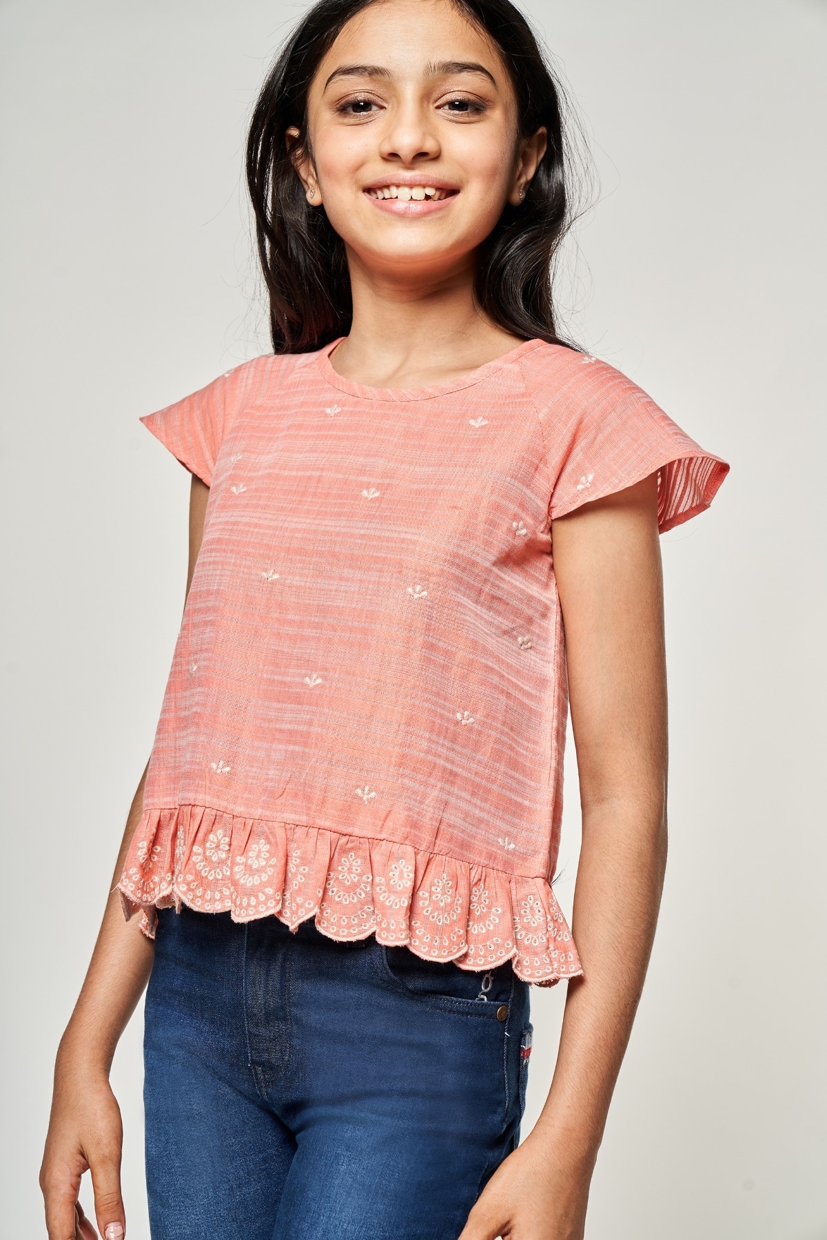 Global Desi | Peach Solid Embroidered A-Line Top
