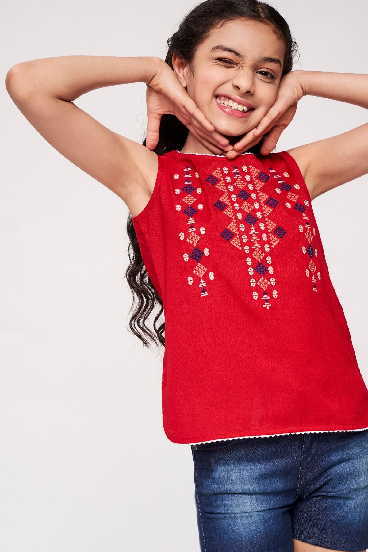 Global Desi | Red Solid Embroidered A-Line Top