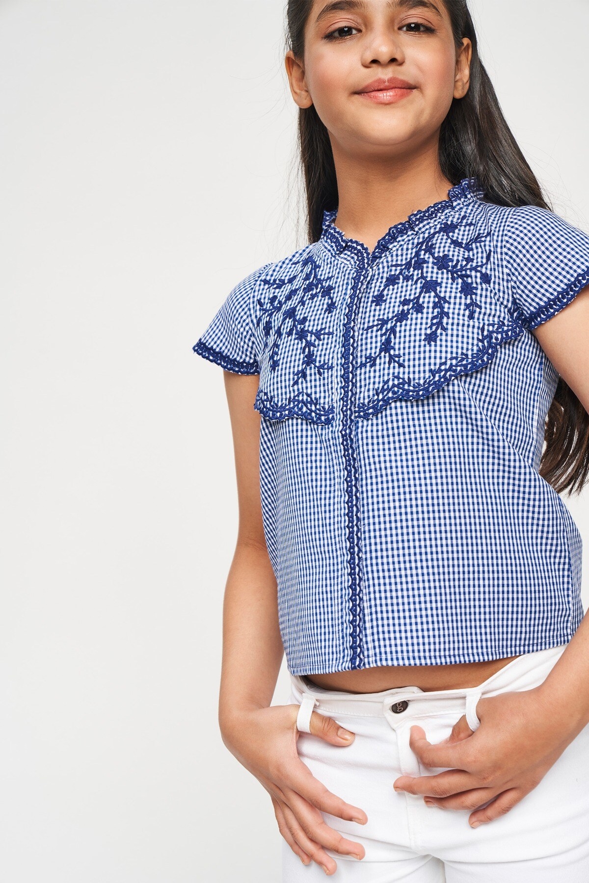 Global Desi | Blue Checks Embroidered Shirt Style Top