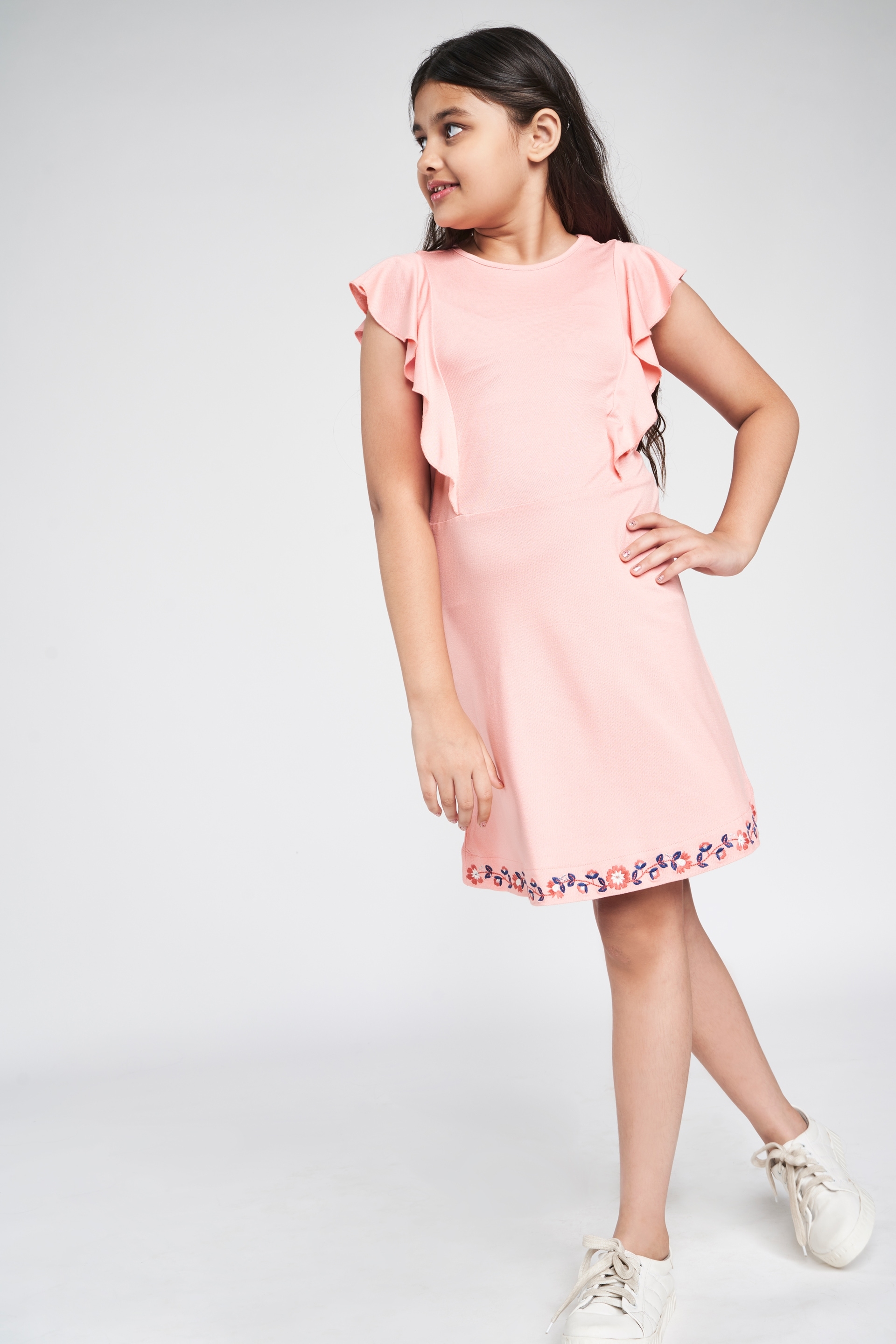 Pink Solid Embroidered Fit And Flare Dress