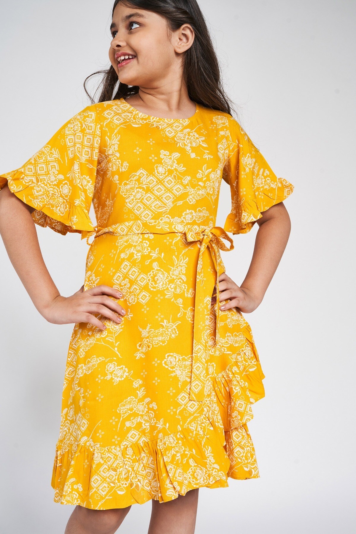 GLOBAL DESI | Yellow Floral Printed A-Line Dress