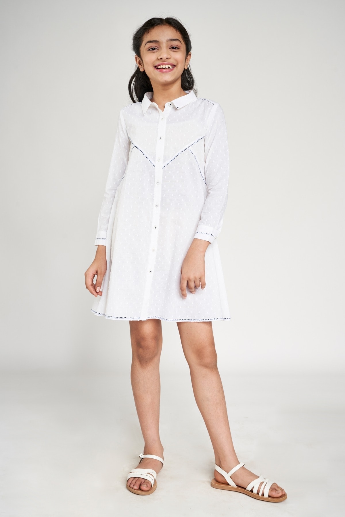 Global Desi | White Self Design Embroidered Shirt Style Dress