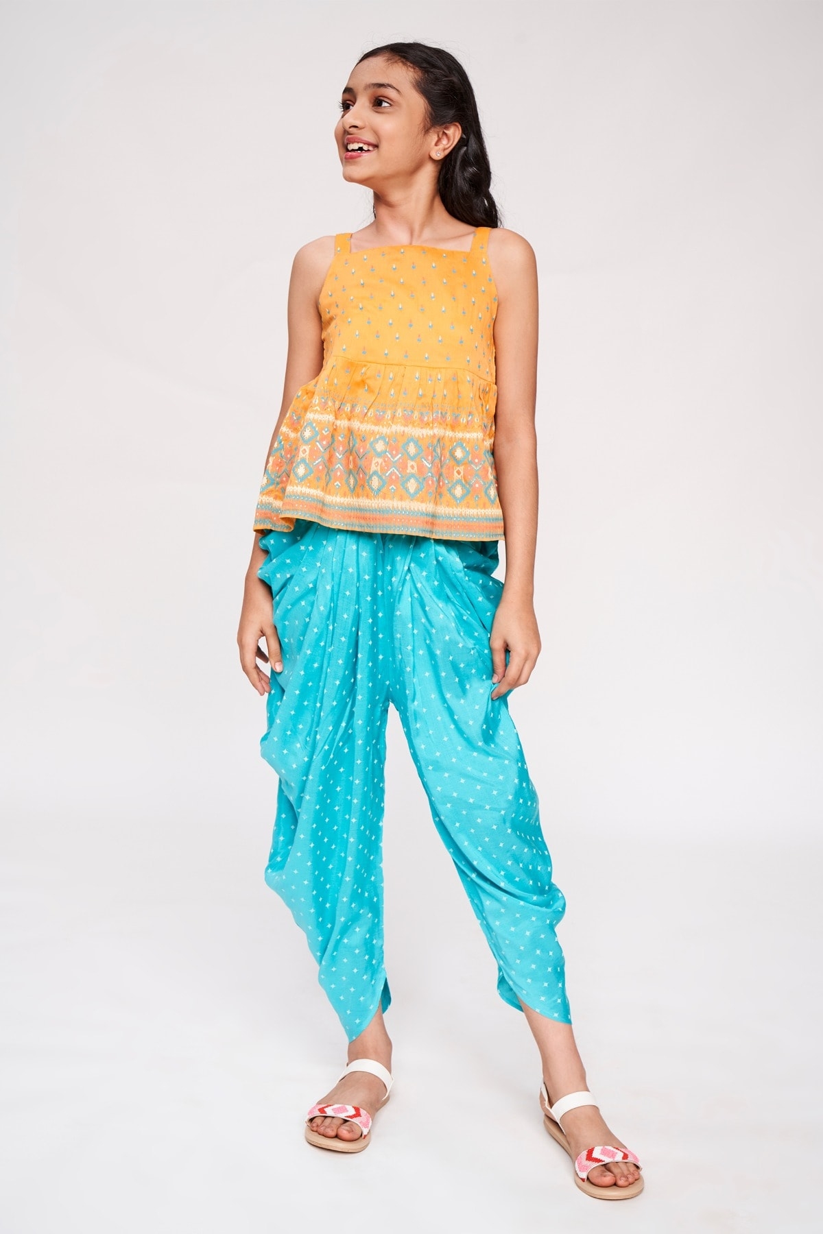 Orange And Blue Ethnic Motifs Printed Fit And Flare Suit