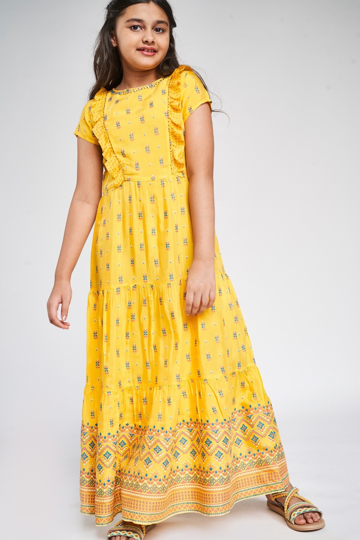 Global Desi | Yellow Ethnic Motifs Printed Fit And Flare Dress