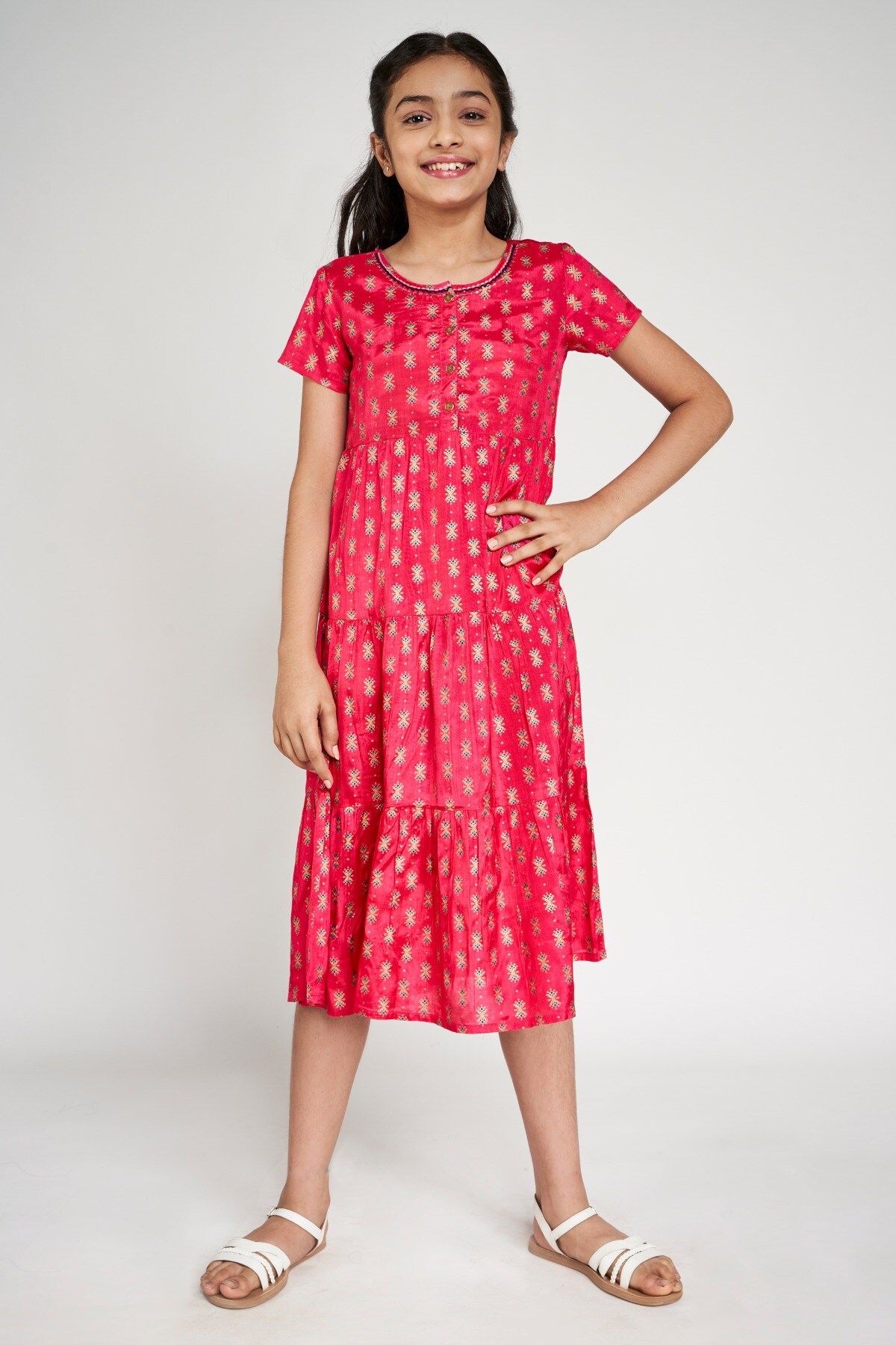 Global Desi | Pink Ethnic Motifs Printed Fit And Flare Dress