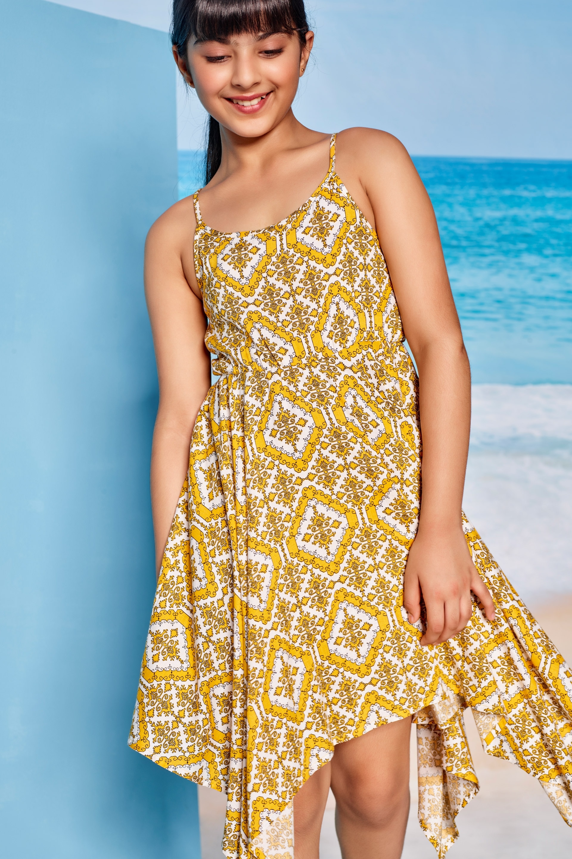 Global Desi | Mustard Tribal Printed Fit And Flare Dress
