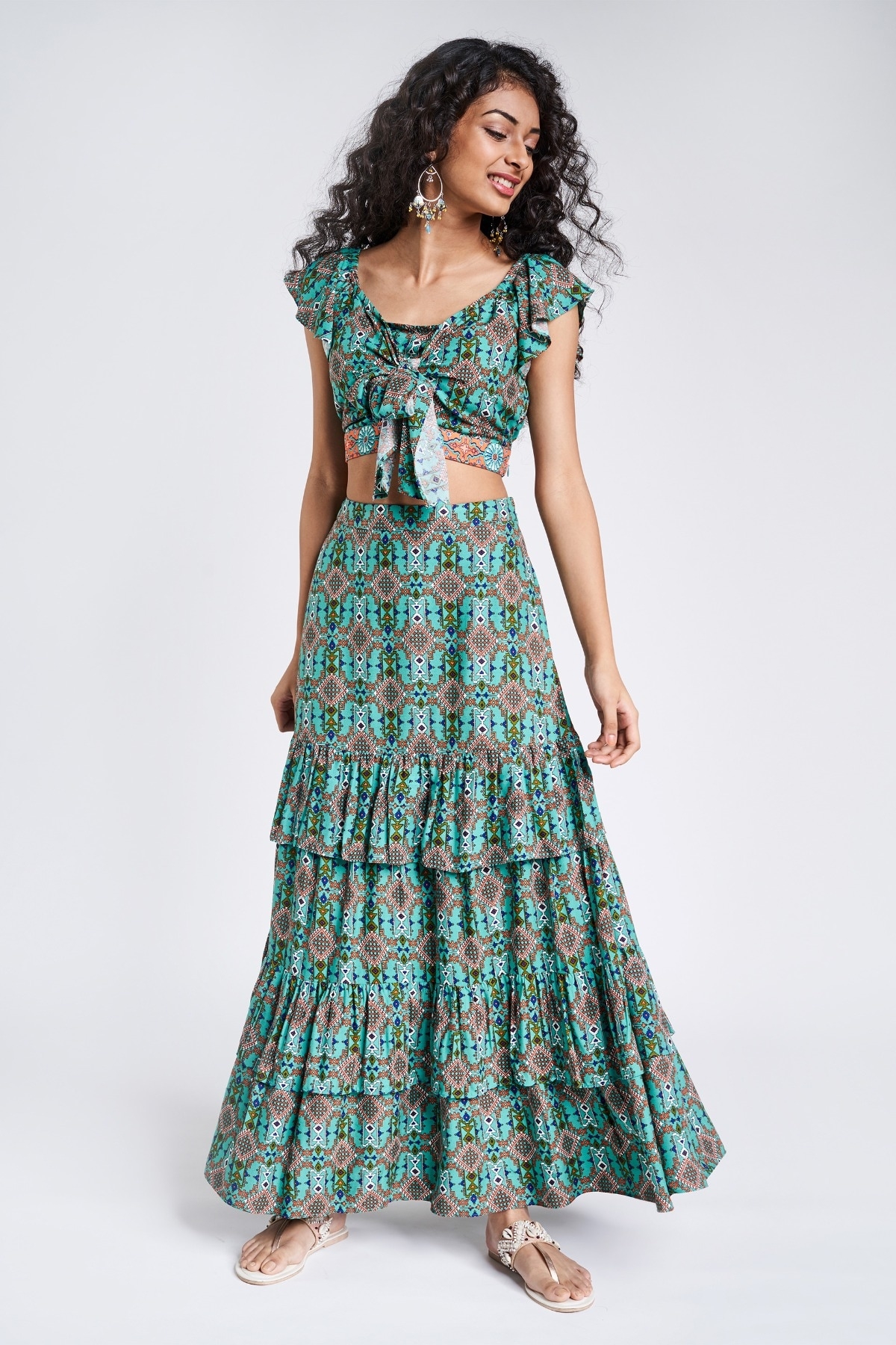 Global Desi | Sage Green Geometric Embroidered Fit And Flare Suit