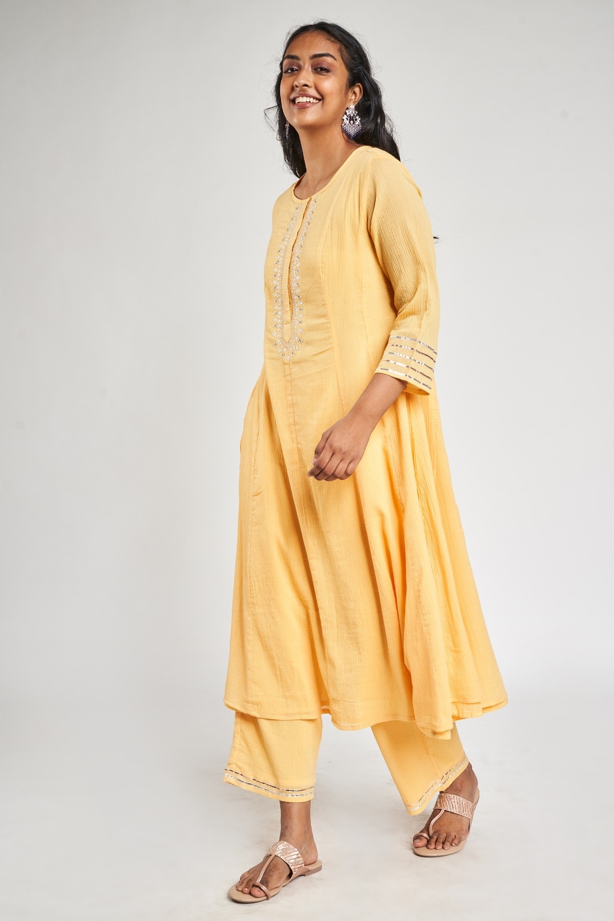 Global Desi | Yellow Solid Embroidered Suit