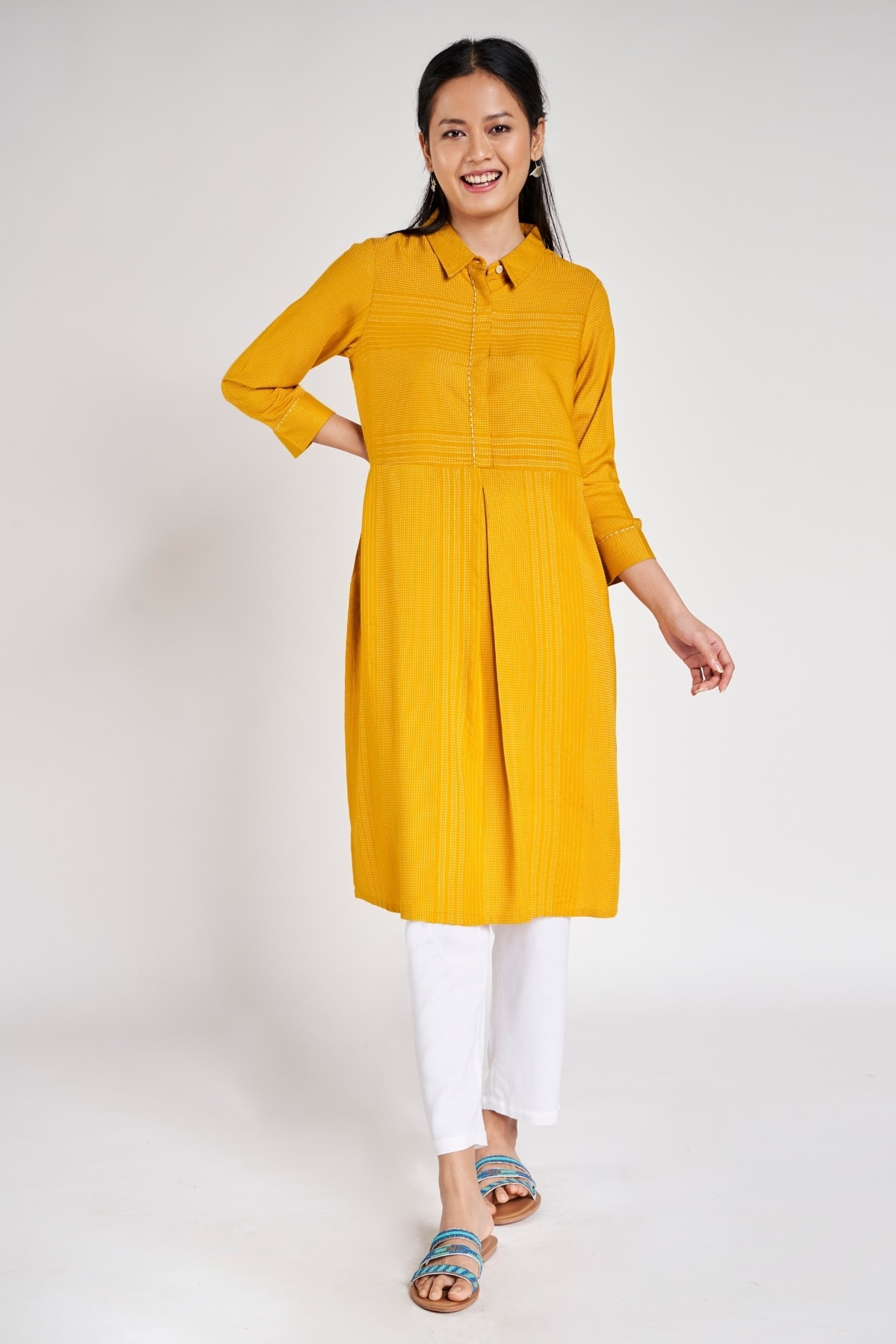 Global Desi | Yellow Striped A-Line Kurta