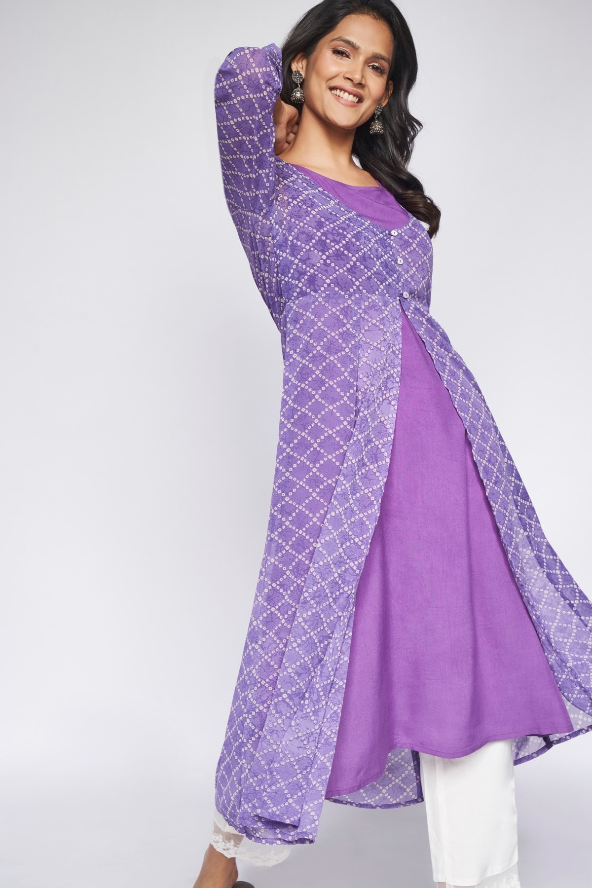 Global Desi | Purple Ethnic Motifs Layered Kurta 2P Suit Set