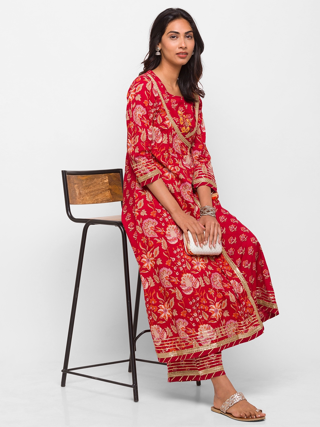 Women's Red Cotton Printed Kurta Sets