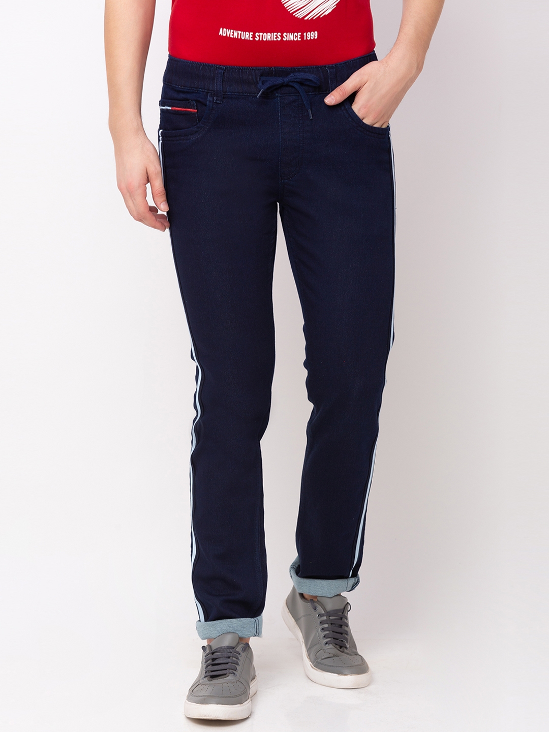 Men's Blue Polycotton Striped Joggers Jeans
