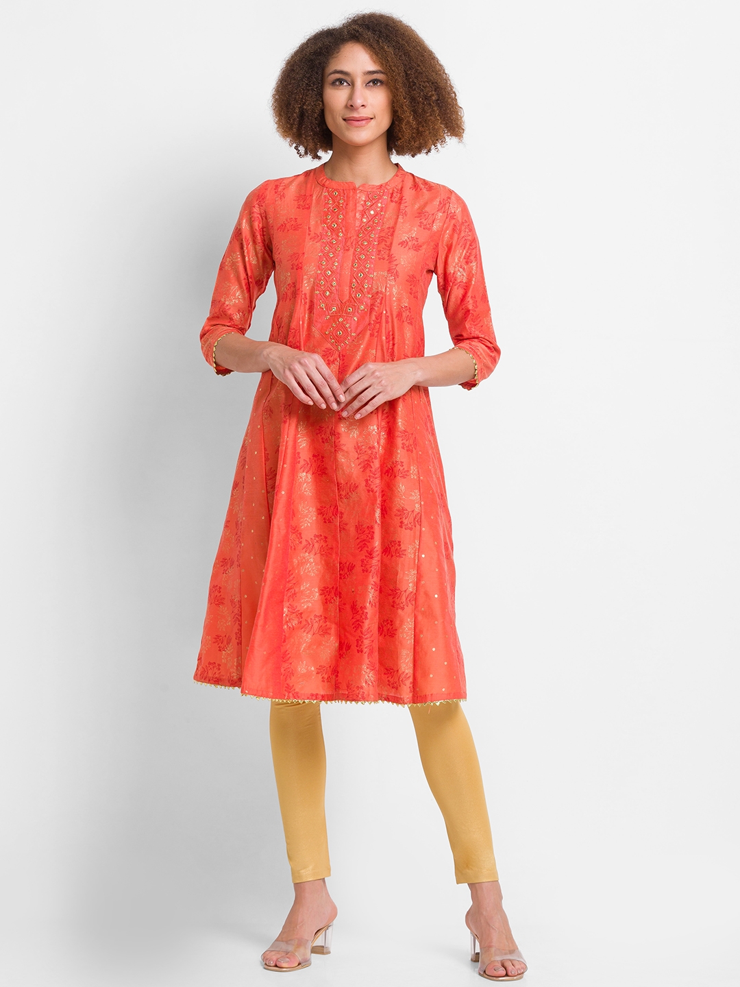 Women's Orange Polyester Embroidered Kurtas