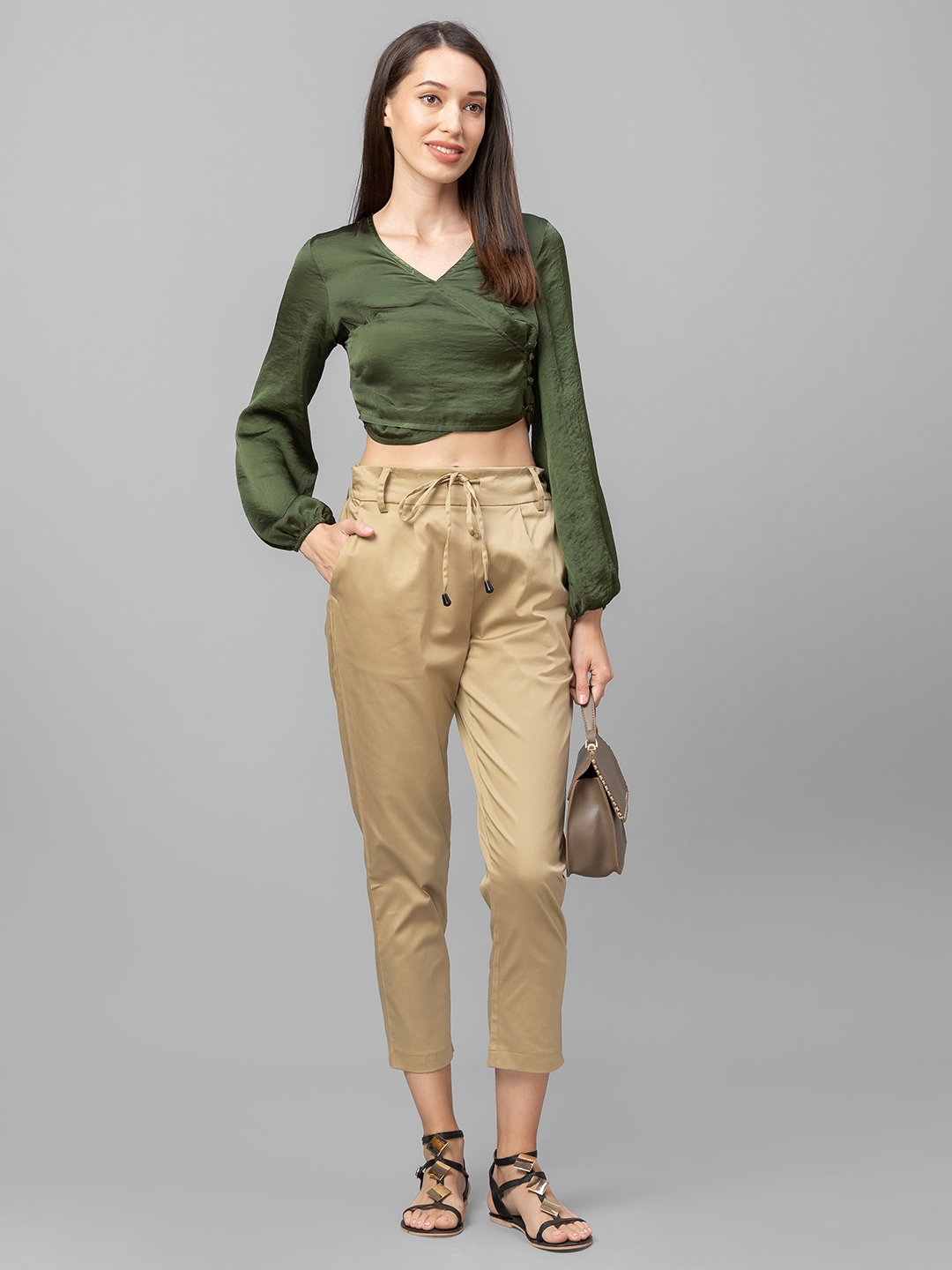 Women's Beige Cotton Solid Trousers