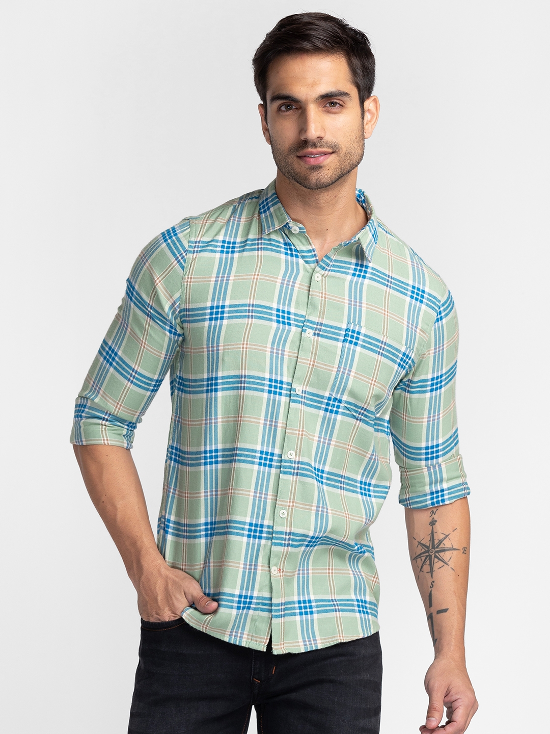 globus | Globus Green Checked Regular Fit Casual Shirt