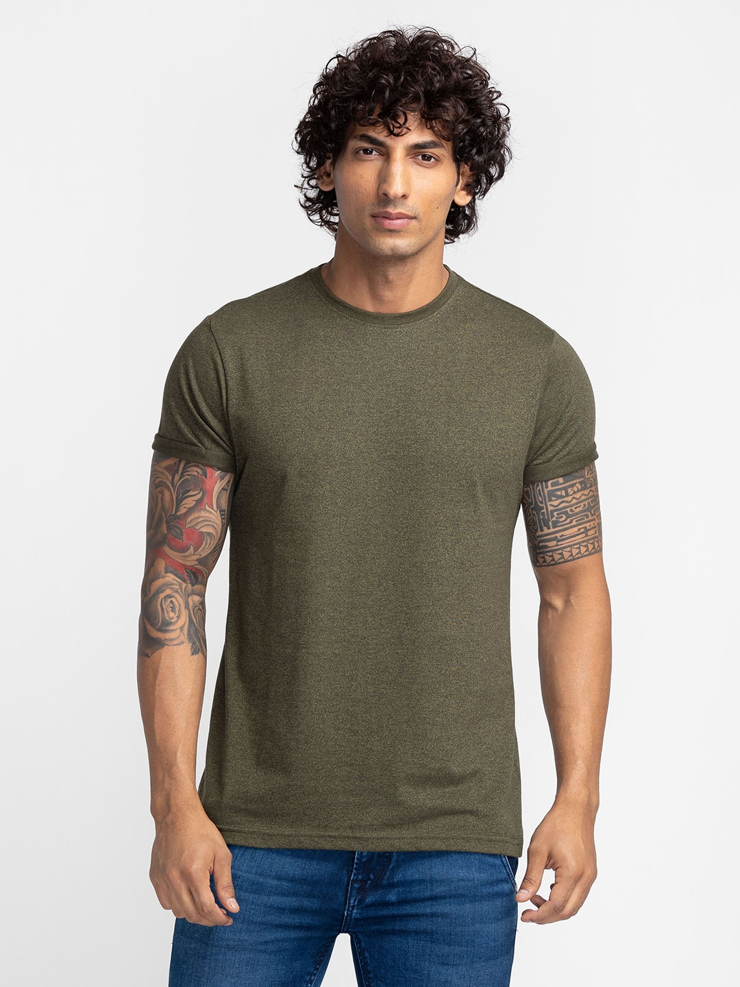 globus | Globus Olive Solid Regular Fit Casual Tshirt